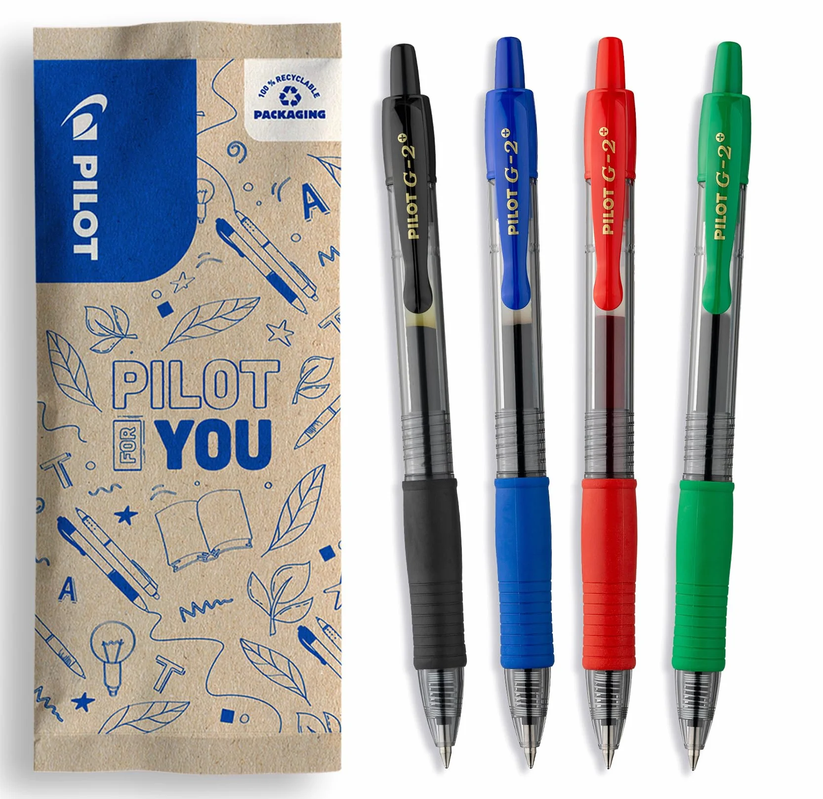 PILOT G2 Plus Bolígrafos Roller Tinta Gel Retráctiles Recargables Punta Media 4 Colores Negro Azul Rojo Verde