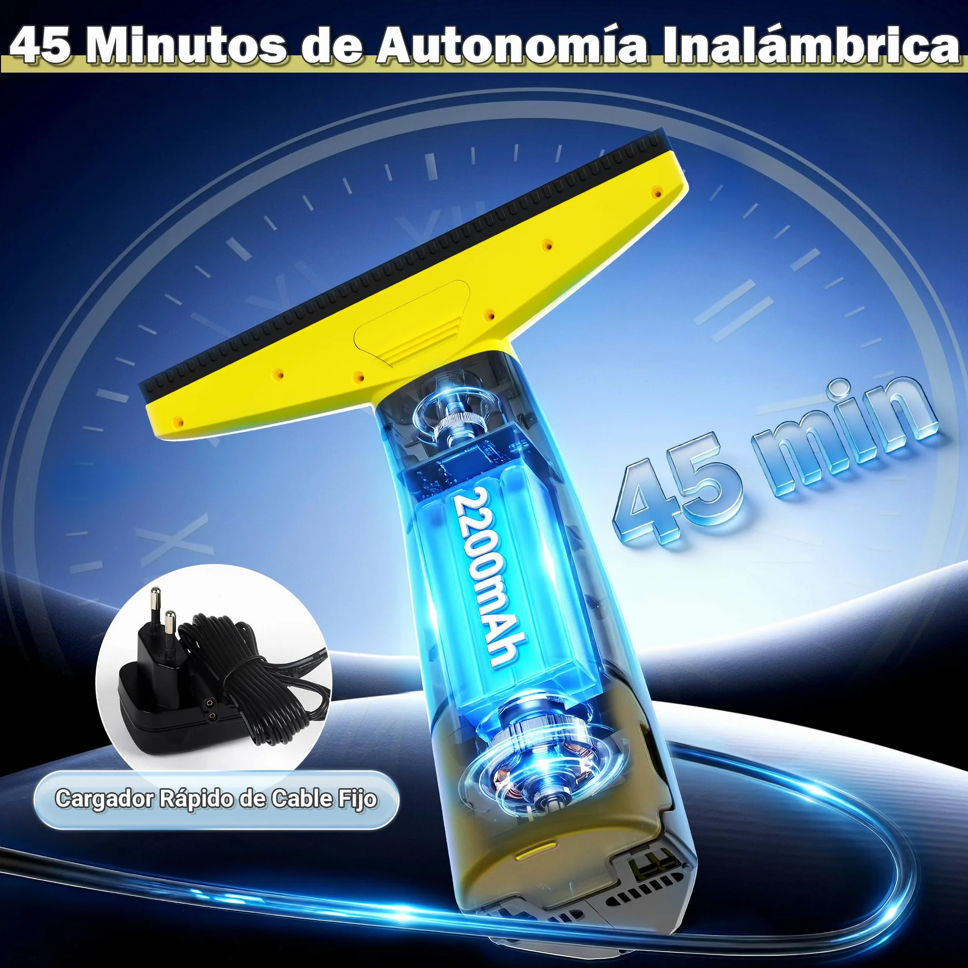 EAVE Limpiacristales Electrico, Set Limpiacristales con 45min de Autonomía, Limpia Cristales Electrico Ventanas con Boquilla de 28cm y Depósito de 200ml, Apto para Ventanas y Espejos (amarillo)
