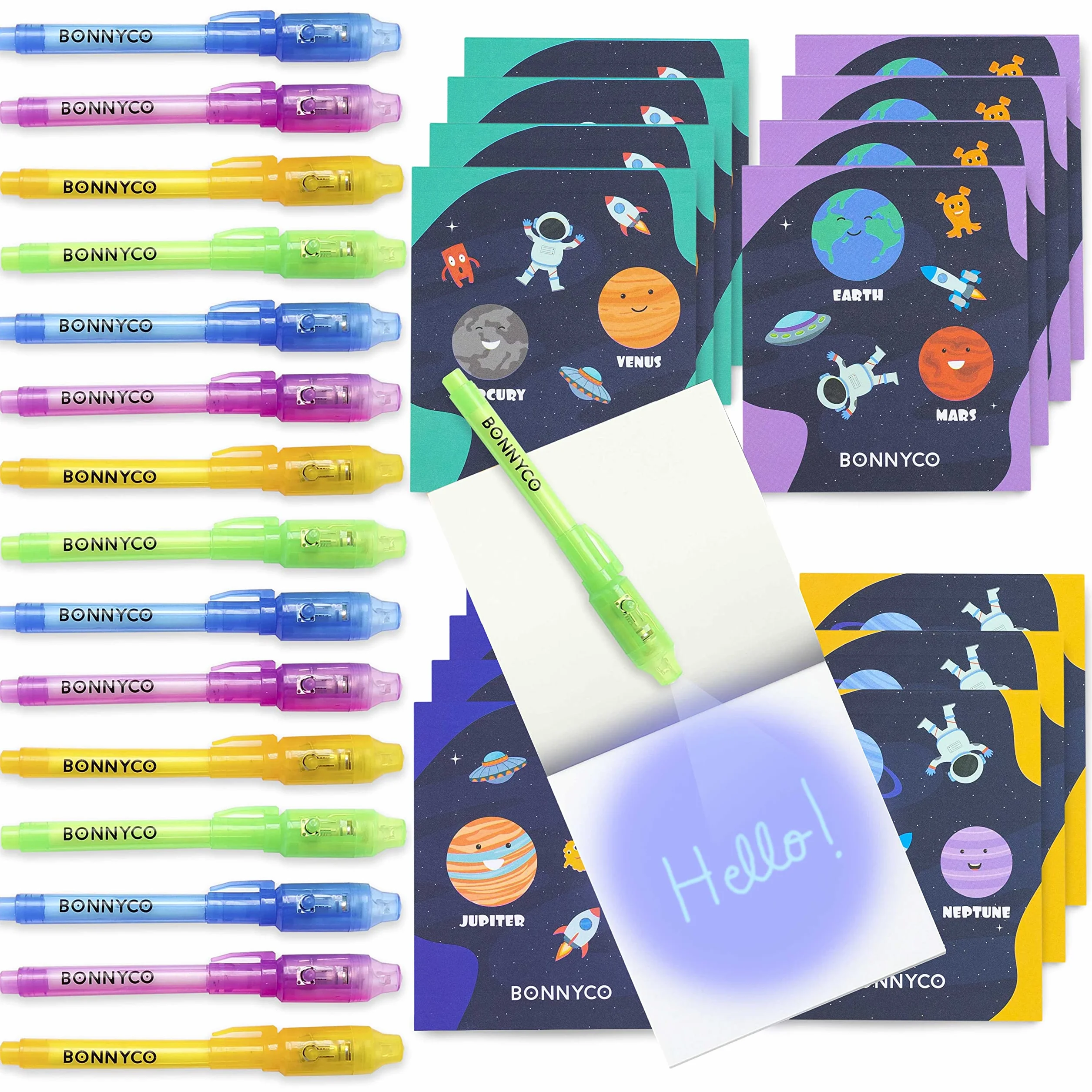 BONNYCO Boligrafo Tinta Invisible y Libreta Espacio Pack 16 Regalos Cumpleaños Niños Colegio Relleno Piñata Fiesta Infantil Galaxia