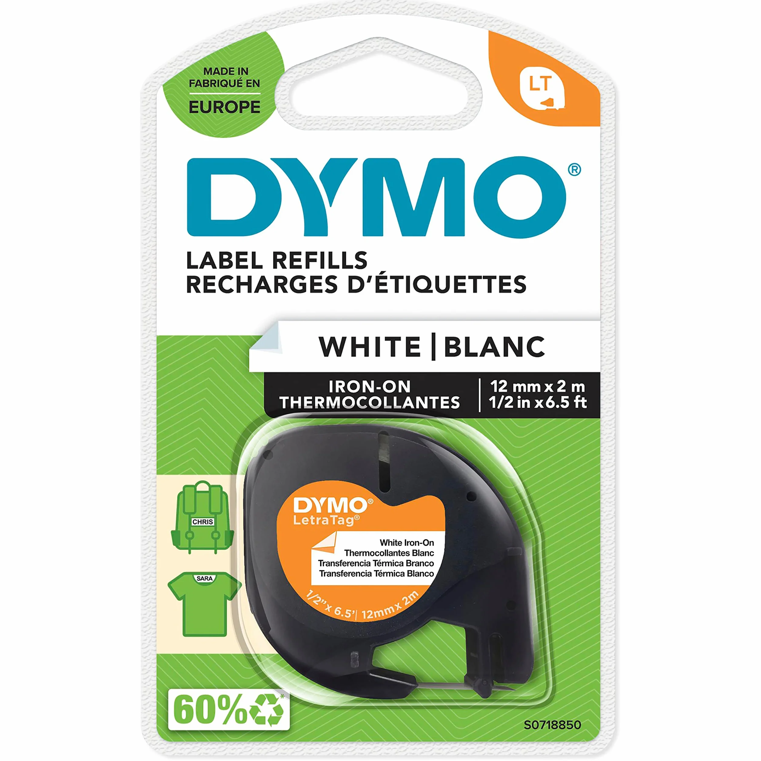 DYMO LT etiquetas auténticas para ropa | Negro sobre blanco | 12 mm x 2m | Hierro en las etiquetas de tela para las etiquetadoras LetraTag | autoadhesivo