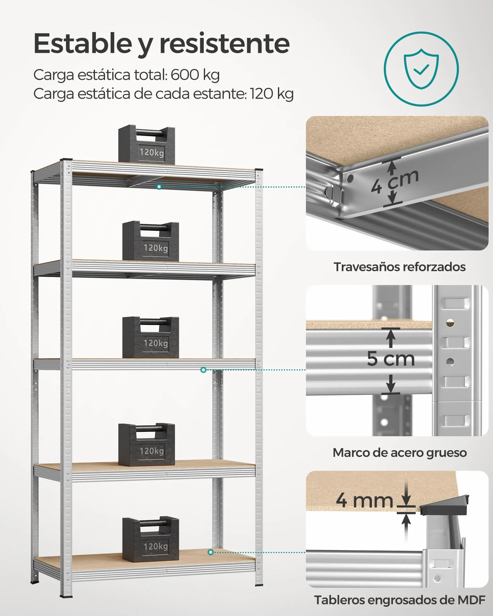 SONGMICS Estantería de 5 Niveles, 200 x 100 x 50 cm, Carga de 875 kg (175 kg por Nivel), Estantería para Cargas Pesadas, Estante Ajustable en Altura, para Garaje, Sótano, Plata GLR050E01