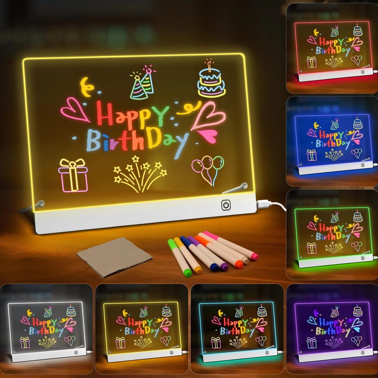 Tablero Acrílico Luminoso LED 30x20cm 7 Colores Bolígrafo Soporte Ajustable
