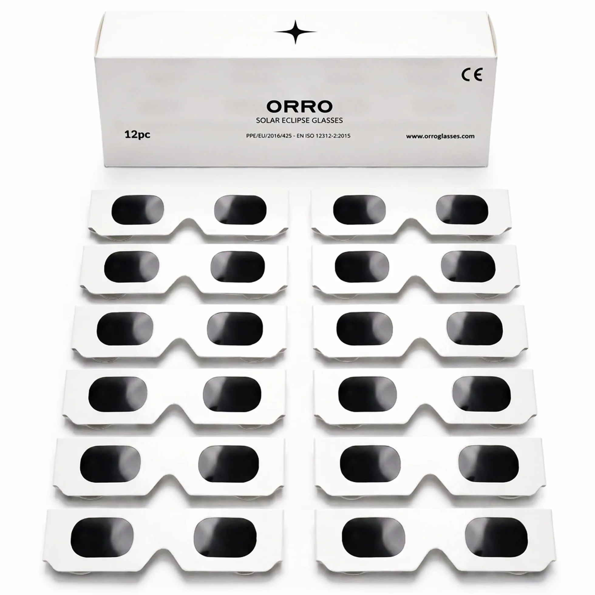 ORRO Gafas para Eclipse Solar de 40 mm, Pack de 2/6/12, Blancas, Protección Ocular Certificada, Ensayadas según EN ISO 12312-2:2015, Marcado CE para Observación Directa del Sol - Ajuste Moderno