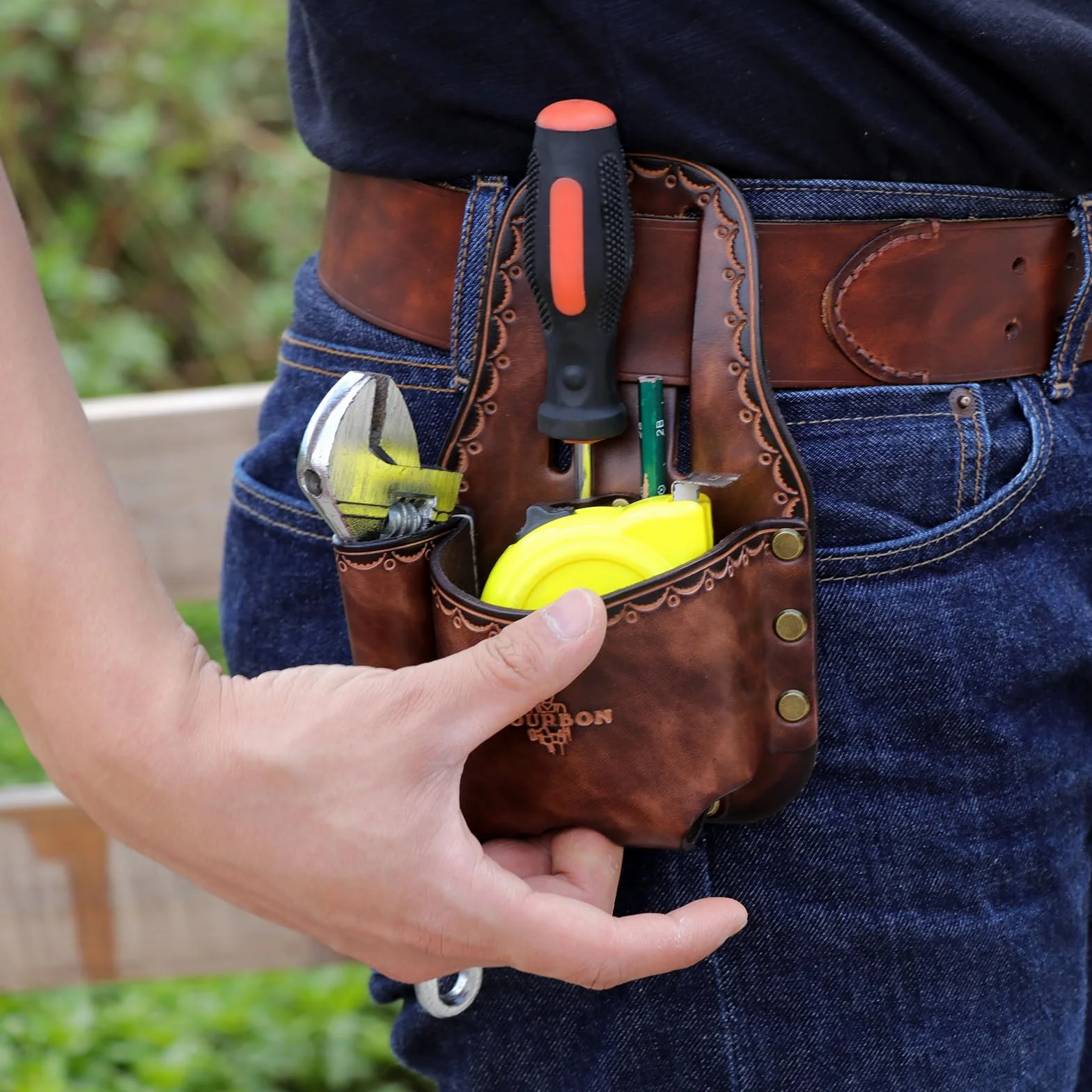 TOURBON - Soporte grande de piel auténtica para cinta métrica de cinturón, bolsa de herramientas con martillo, funda para cuchillos utilitarios, trabillas para lápices