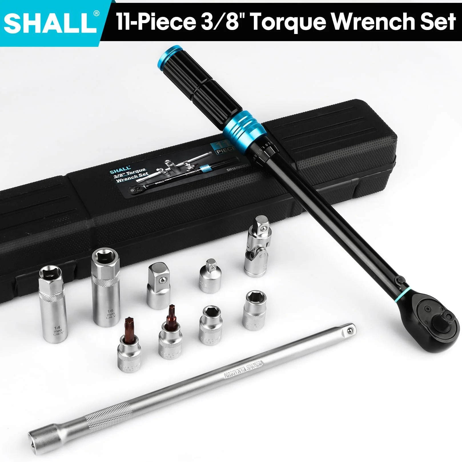 SHALL Juego de llaves dinamométricas de 3/8" de 11 piezas (5-60 Nm), adecuadas para el mantenimiento de automóviles y motocicletas, con poste de extensión y caja de almacenamiento