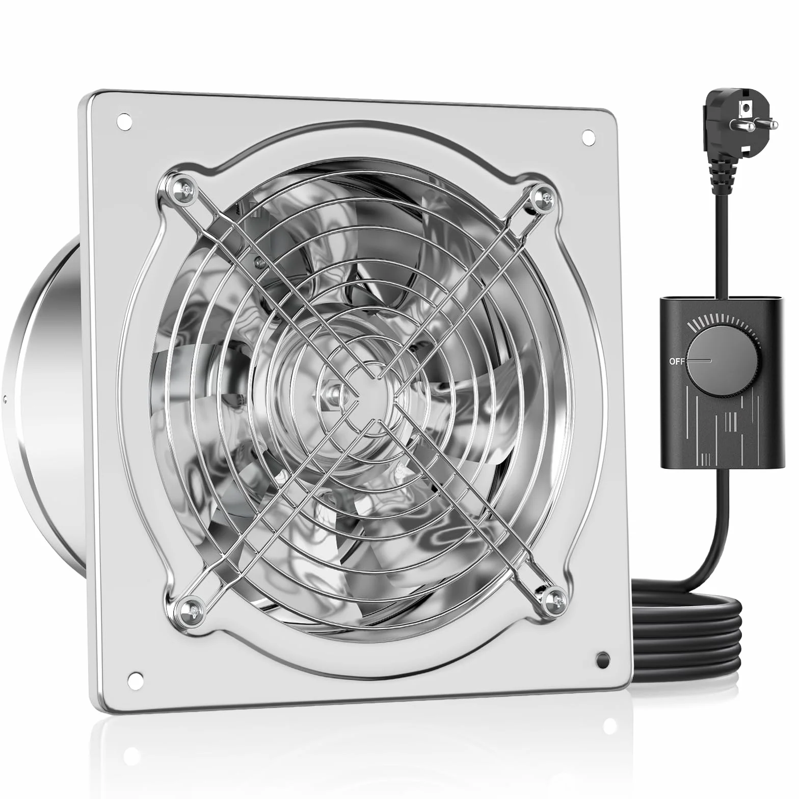 HG Power Ventilador extractor de aire de 200 mm, 980 m³/h, ventilador de pared con válvula de retorno, potente con enchufe de la UE para cocina, baño, garaje, sótano, plata