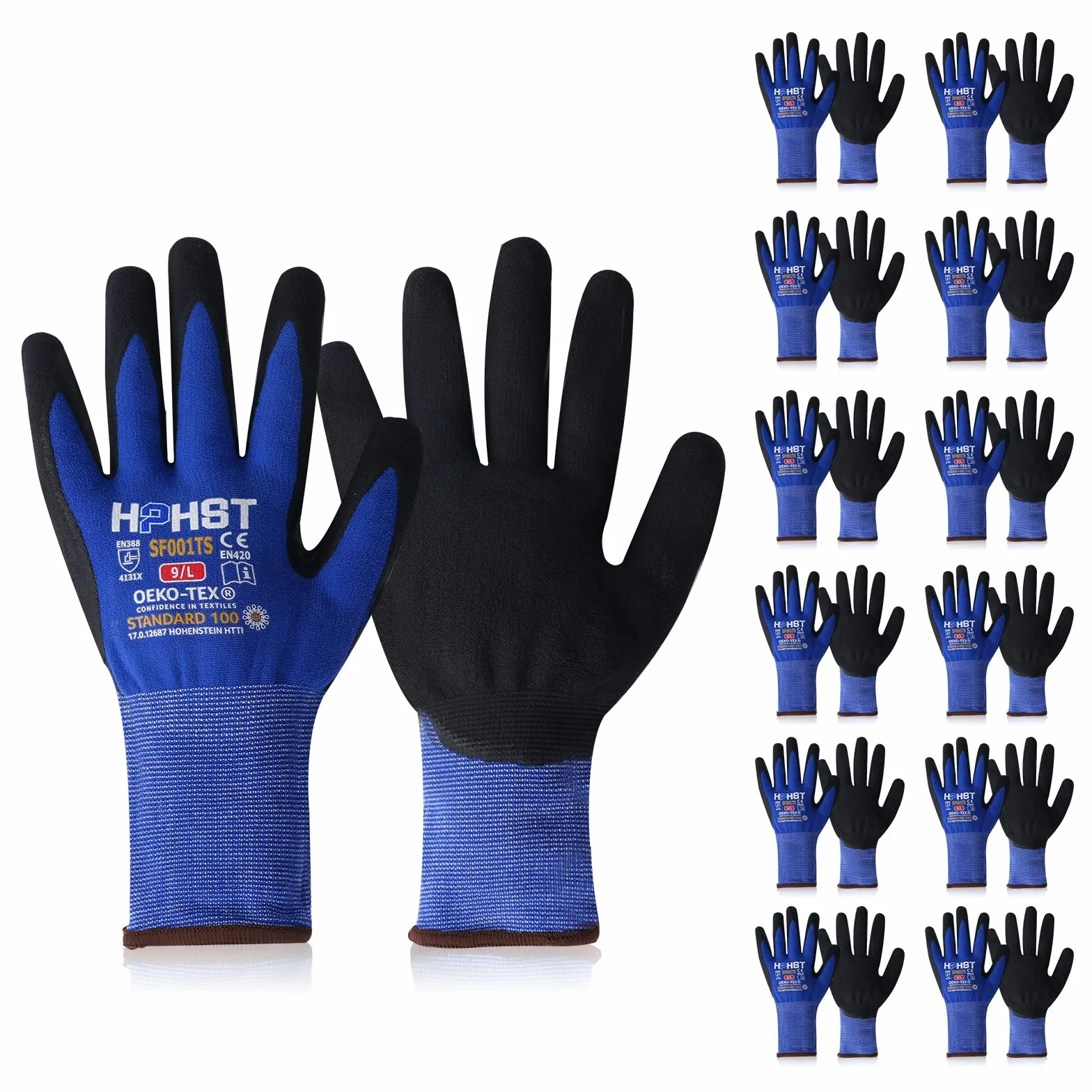 SF001TS Guantes de trabajo 12 pares de guantes de montaje para hombre y mujer, diseño ergonómico, guantes de jardinería, talla (XL, azul 12 pares)