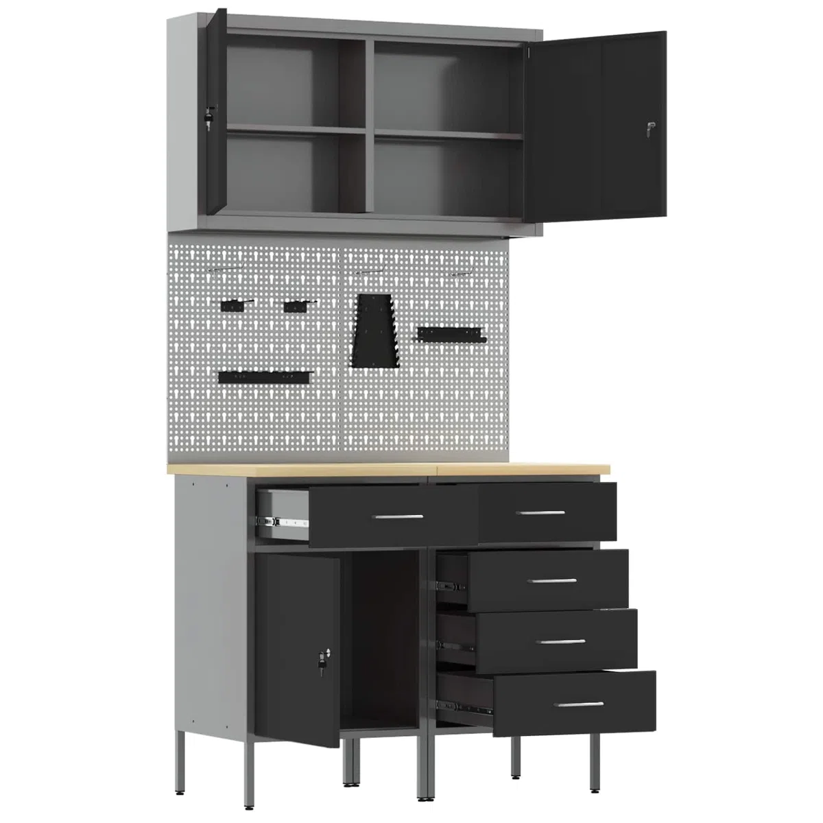 Banco de trabajo con cajones, 5 unidades, color negro, madera y acero, resistente, almacenamiento para garaje, sótano, construcción con pared perforada y organizador