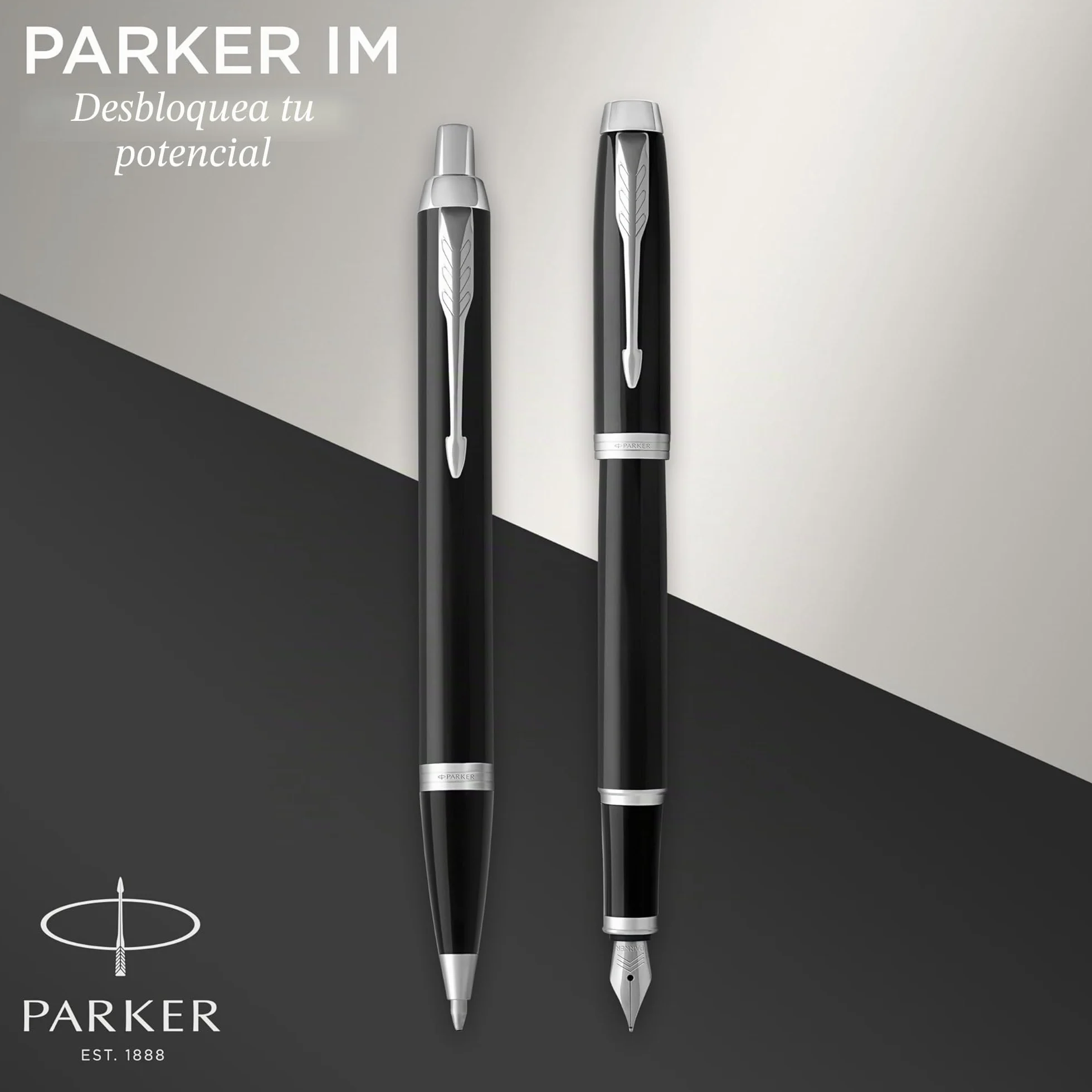 Parker IM Set de regalo Duo Pen Pluma estilográfica y bolígrafo estuche lacado negro cromado punta media recargas tinta azul