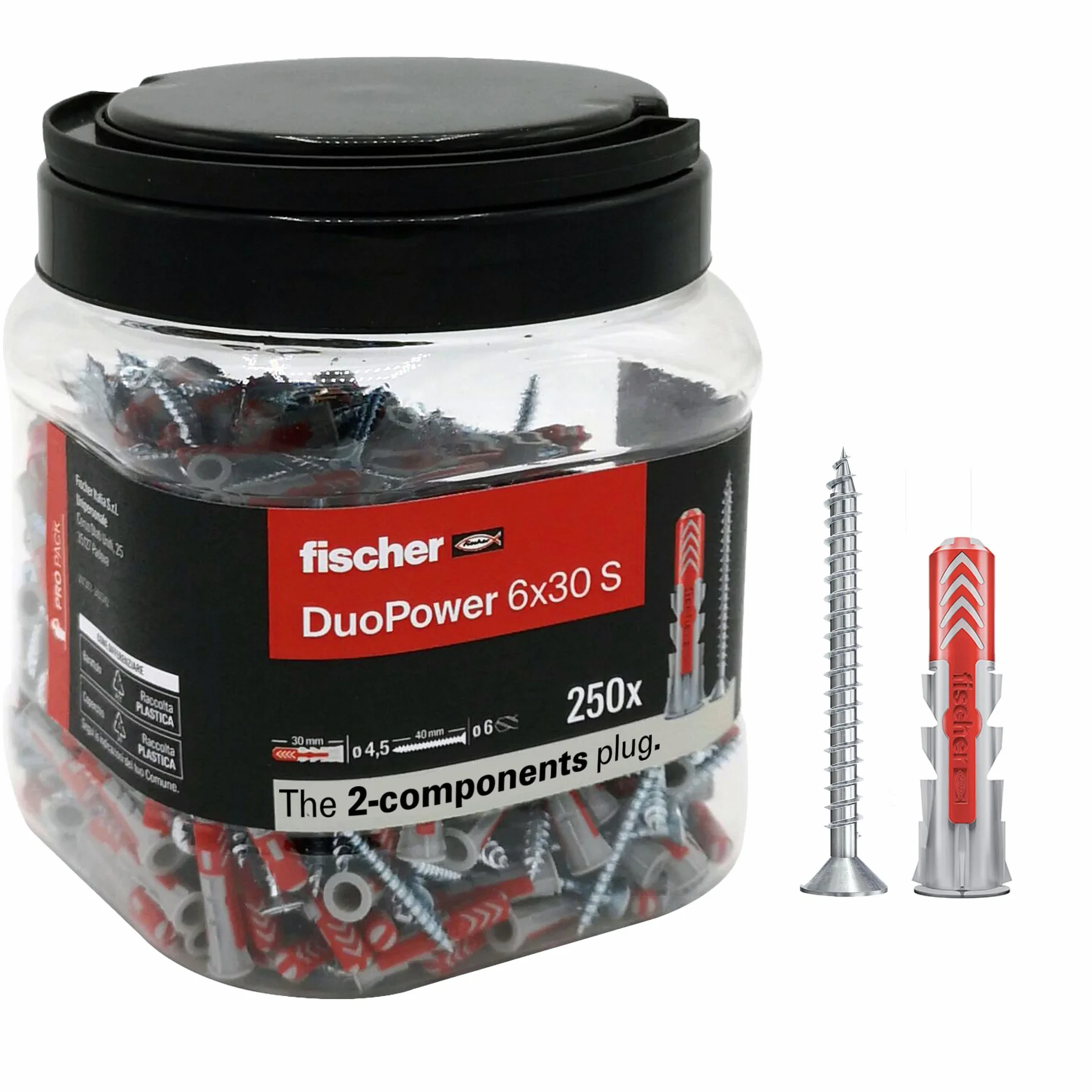 Fischer Propack Duopower 572885-250 tacos con tornillo en bote reutilizable para fijación en hormigón, mampostería y cartón yeso, 6 x 30 cm