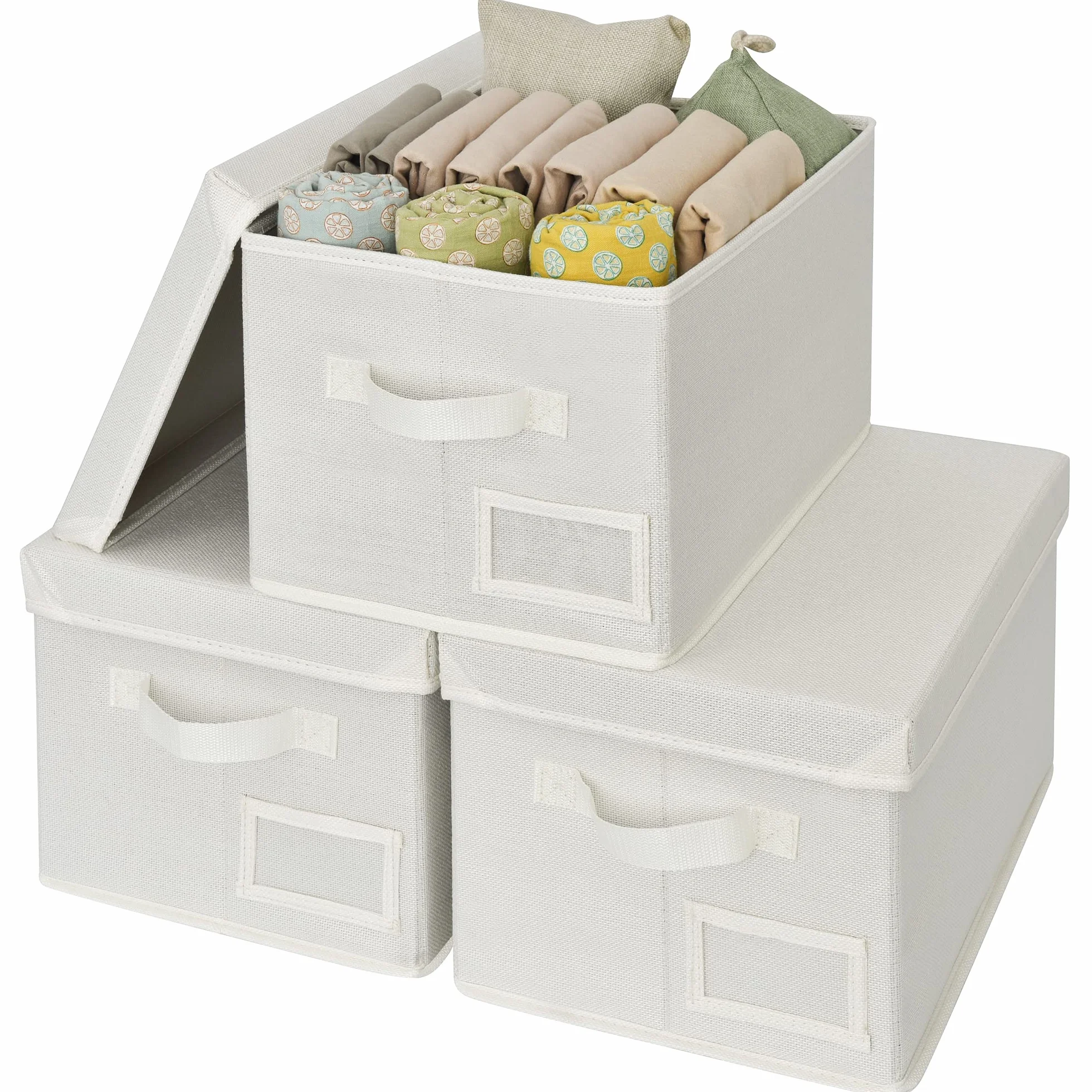 GRANNY SAYS Contenedores de tela con tapas, organizador de estantes para armario, color blanco perla, paquete de 3