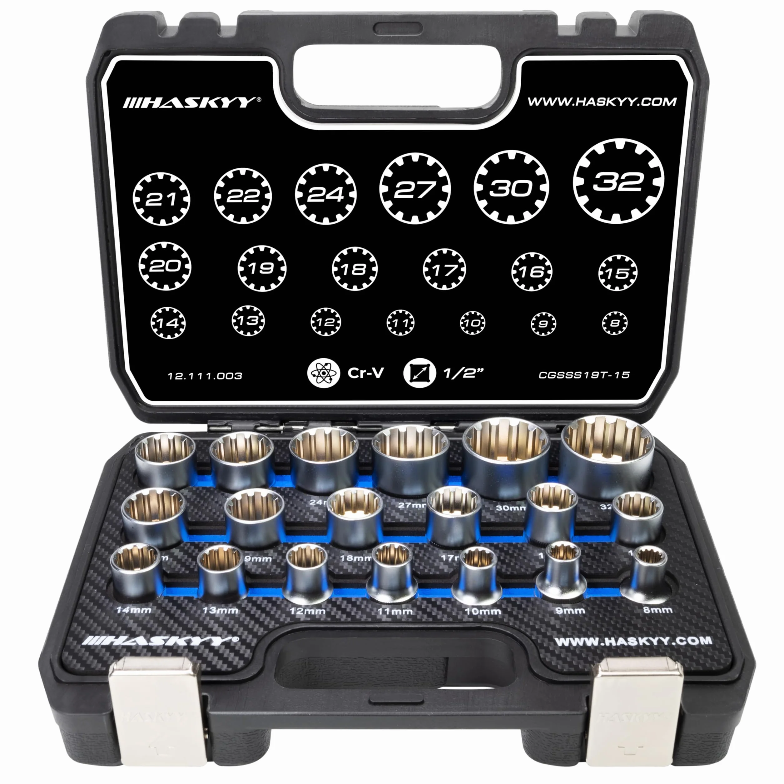 HASKYY Juego de llaves de vaso vasos insertables Gear Lock 1/2" 8-32 I estriados Torx, pulgadas I herramienta para vasos exteriores e interiores I 19 piezas