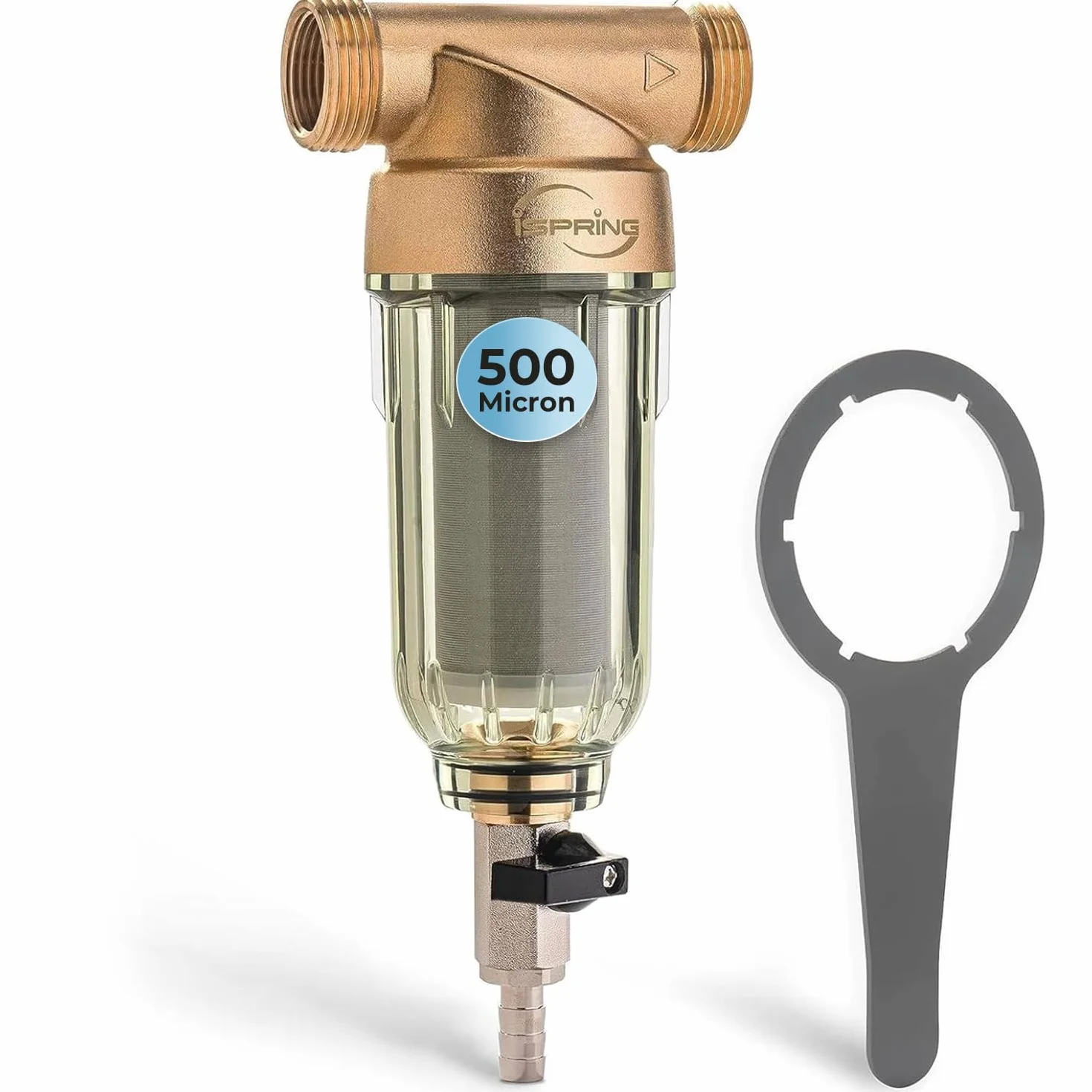 iSpring WSP-500 Filtro de agua de sedimentos reutilizable para toda la casa, filtración de prefiltro desechable de 500 micras, 20 GPM, MNPT de 1 pulgada + 3/4 pulgadas FNPT, latón