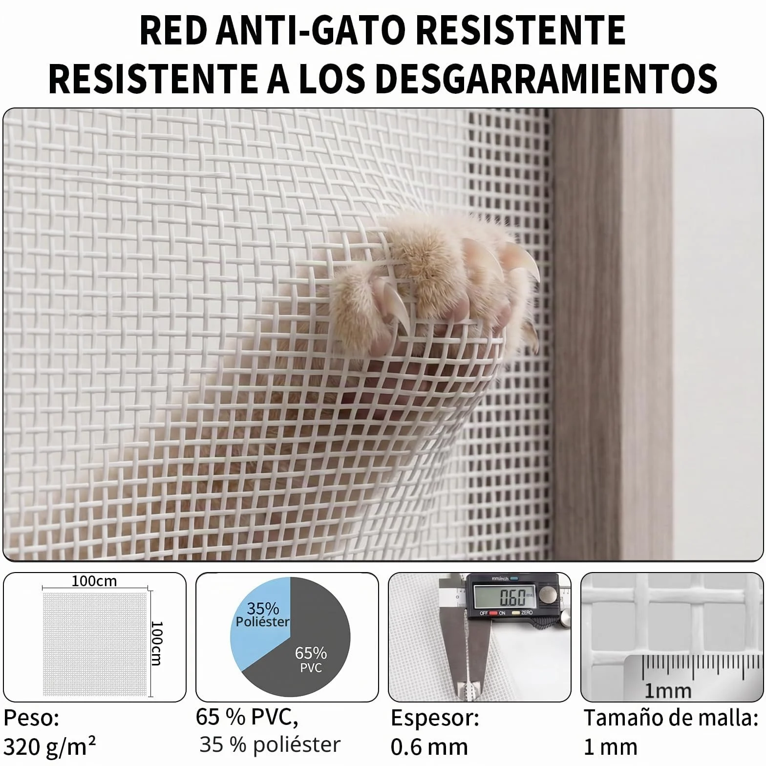 BKSAI Mosquitera Ventana para Gatos, Red Anticaída Adhesiva sin Taladrar, Malla Recortable Resistente a Arañazos, Protección Mascotas para Ventana - 130x150 CM Blanco Roto