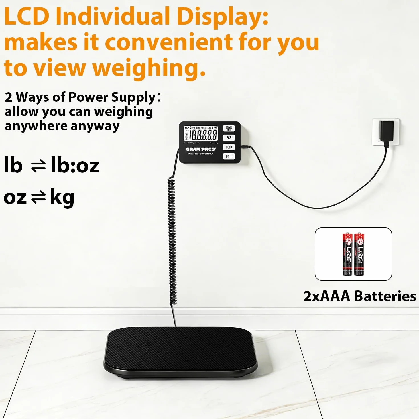 GRAM PRES Báscula de envíos digital 200 kg/10 g pantalla LCD retención tara piezas batería USB