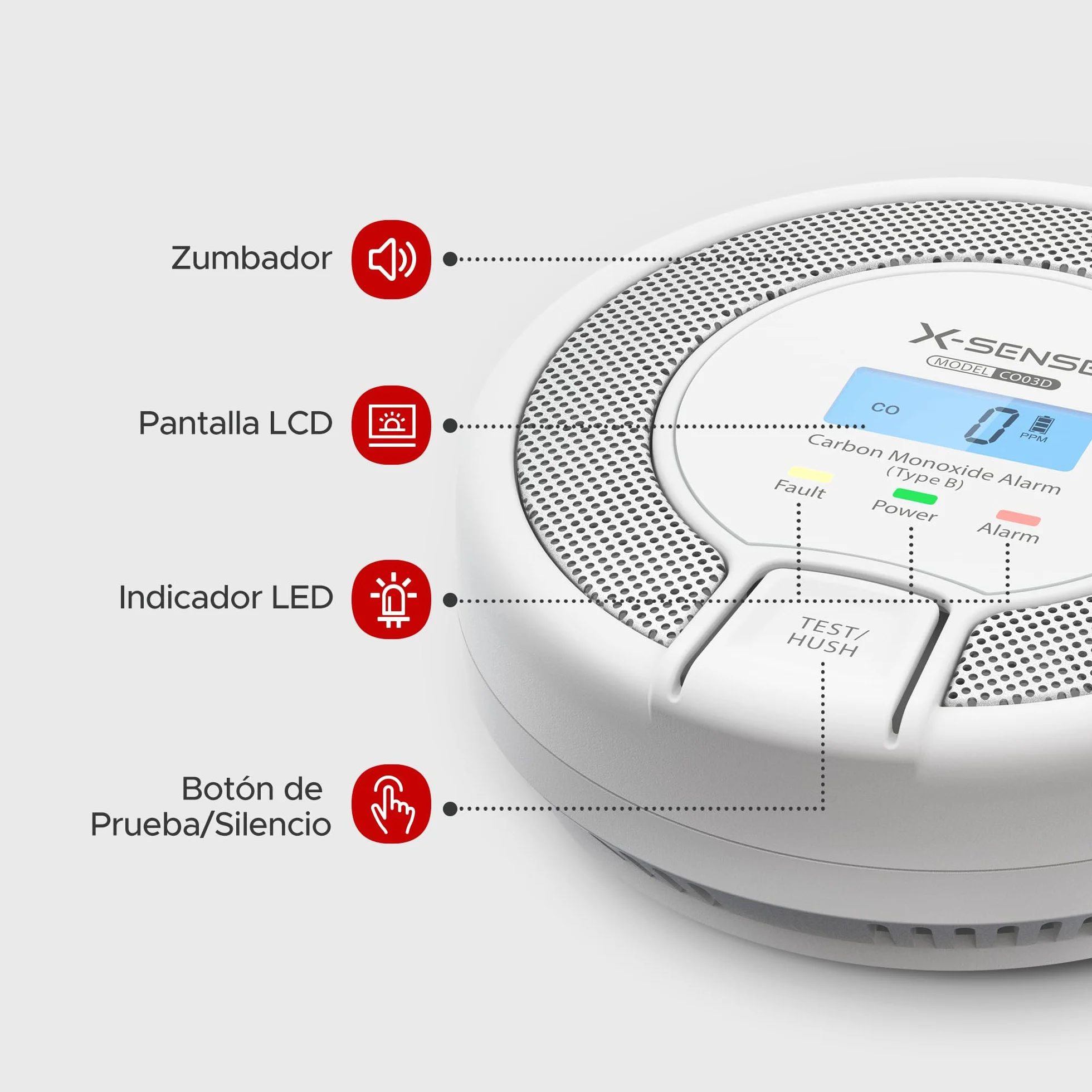 X-Sense Detector de Monóxido de Carbono con Alarma y Pantalla Digital, Alarma de CO con Batería Reemplazable, Cumple con el Estándar EN50291, CO03D