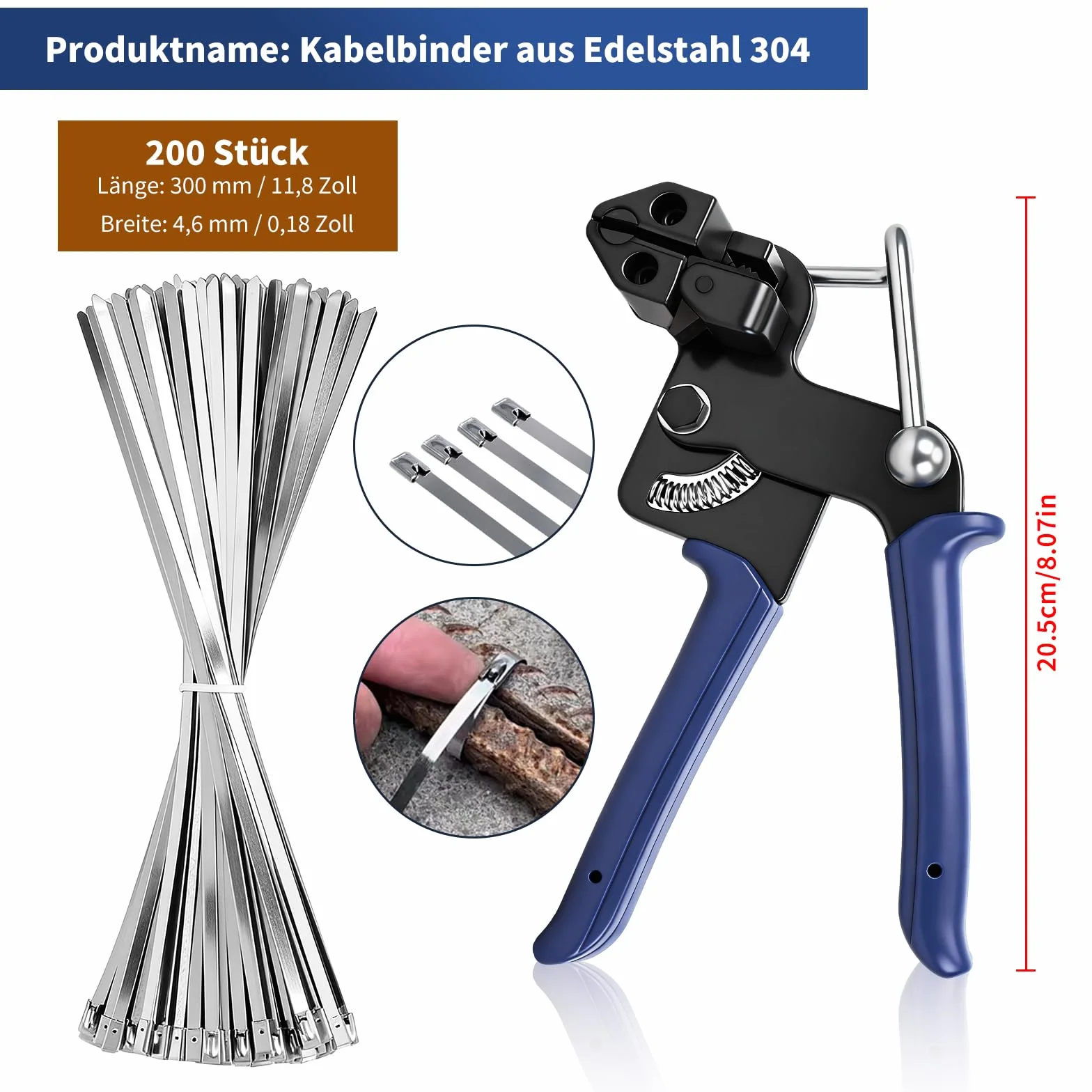 200PCS Bridas de Acero Inoxidable y Pistola Metálica, Bridas Metálicas 4,6 x 300 mm, Pistola Metálica para Bridas Adecuada para Agrupación de Cables, Industria y Agricultura