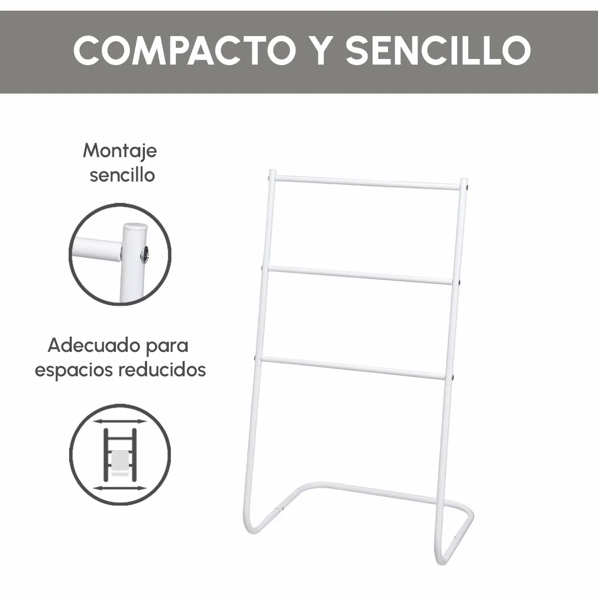 Toallero de pie con 3 Brazos de Metal Pintado al Polvo en Color Blanco. Distancia Entre Barras: 19 cm. Medida Base: 46x35 cm. Altura 82 cm. Soporta 10 kg. Requiere Montaje