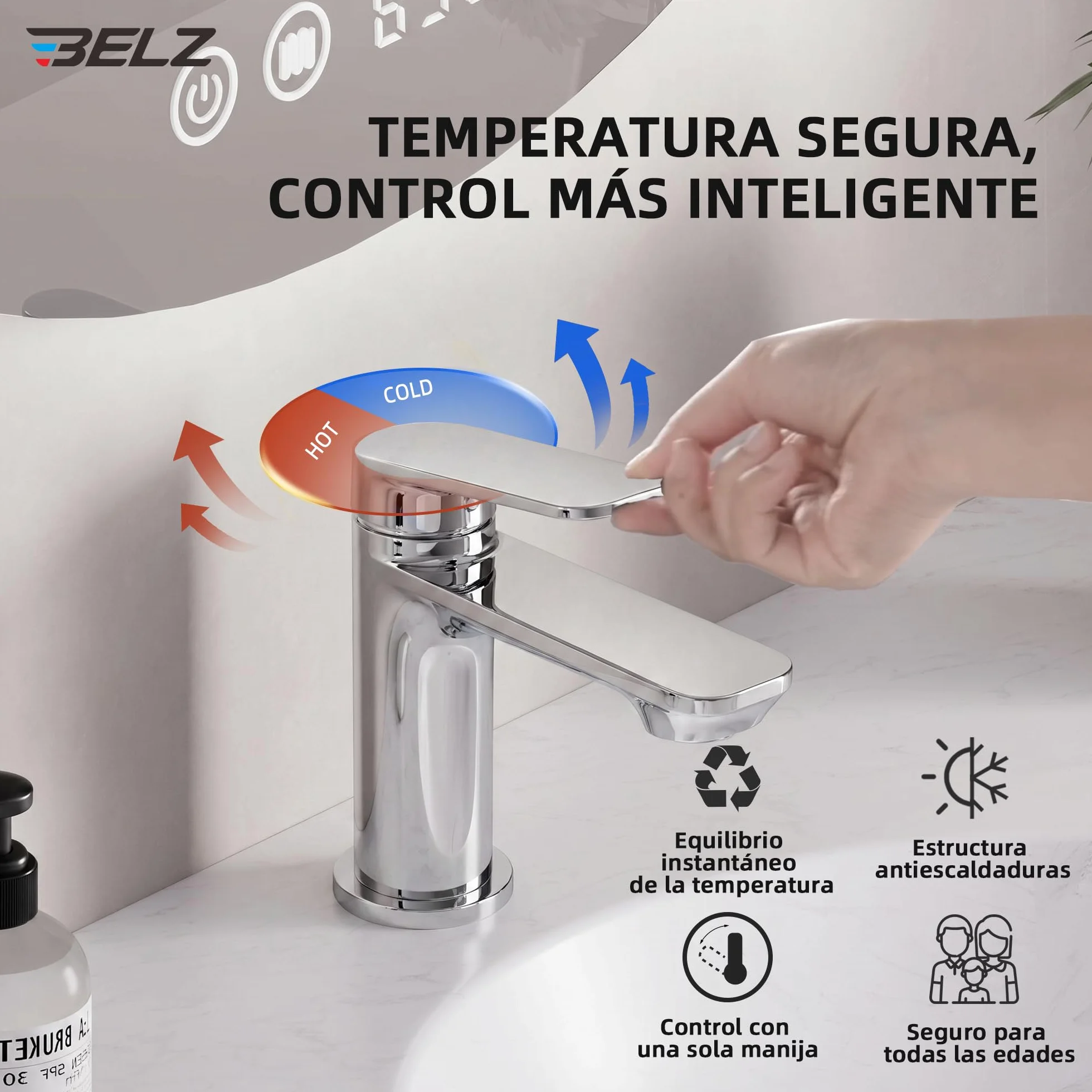 BELZ Grifo Lavabo, Grifo de Baño Monomando para Lavabo, Grifo Mezclador de Latón Sólido, Ahorrador de Agua y Duradero, Cromado