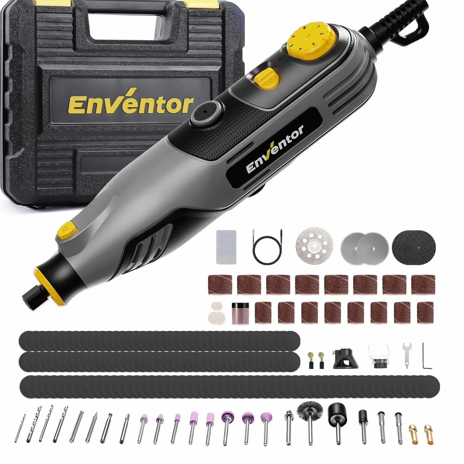 Enventor Mini Amoladora Eléctrica 130W con 206 Accesorios, Mini Herramienta Rotativa Multifunción con 6 Velocidades Ajustables, 10000-35000RPM, para Grabar, Aamolar, Pulir, Taladrar