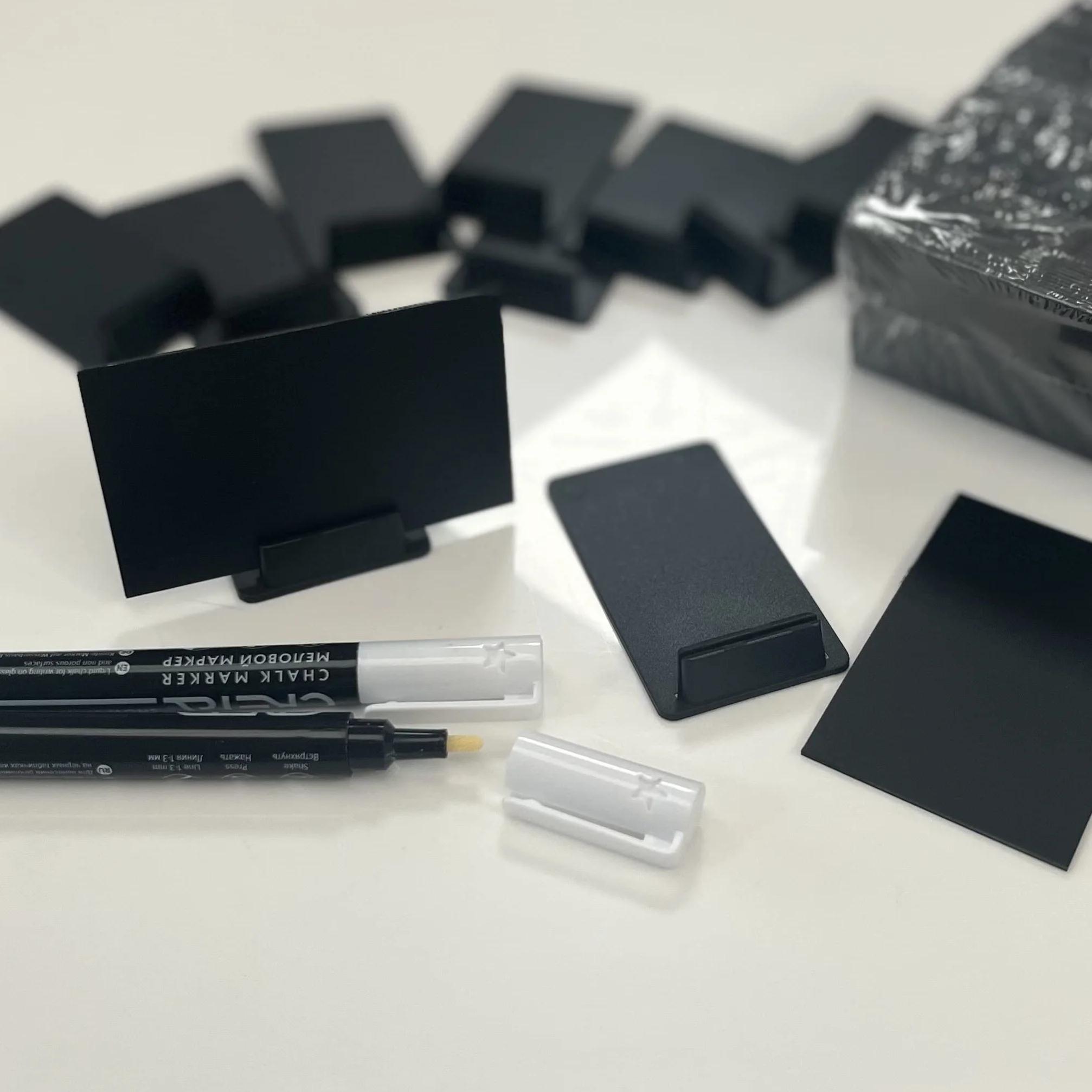 Tarjetas de precio Lote 100 + 100 soportes + 2 tizas, mini cuadros decorativos negros