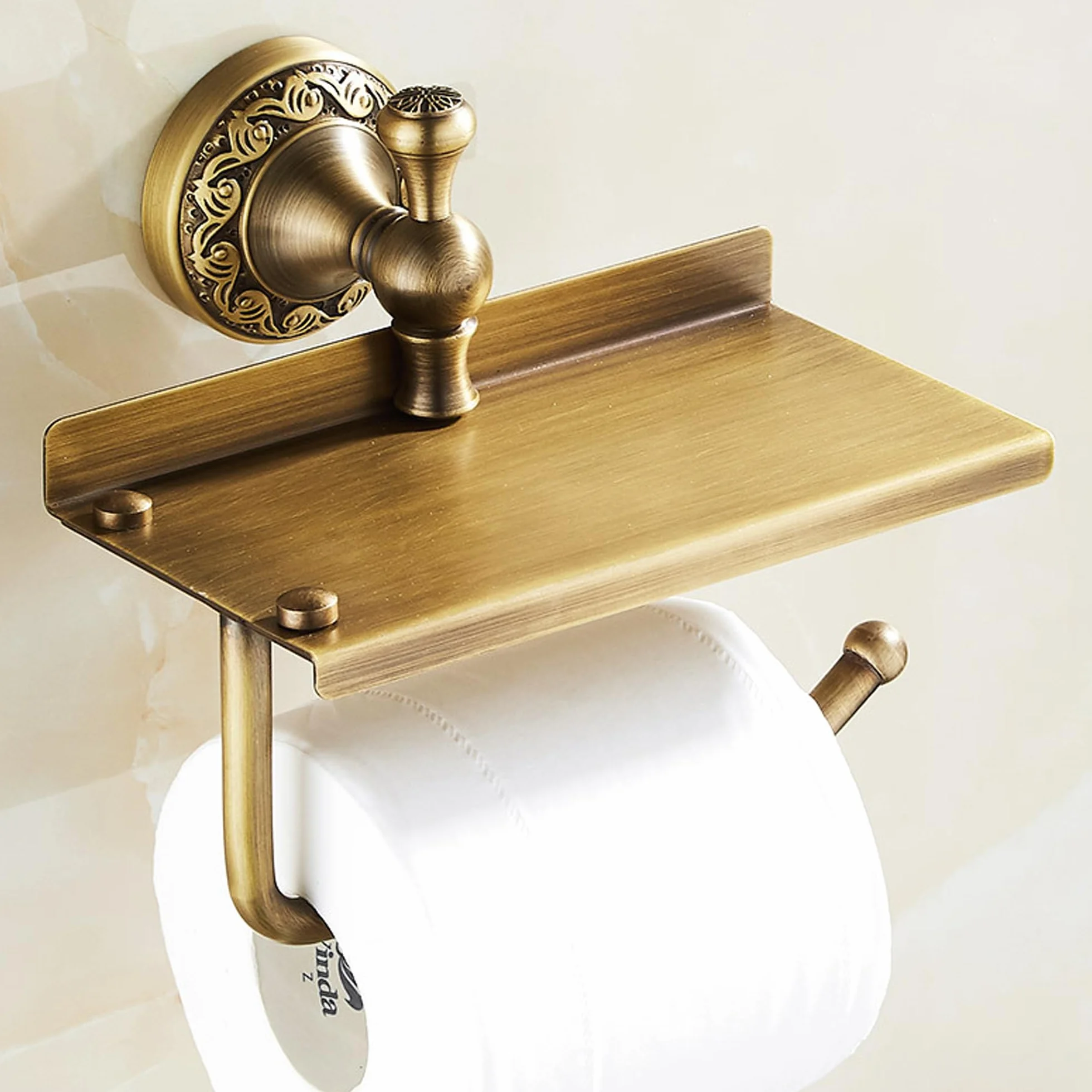 Soporte de Papel higiénico con Estante para teléfono, Soporte para Rollo de Papel higiénico de baño, Bronce Antiguo, Accesorios de baño, Accesorios de baño, diseño Tallado de patrón
