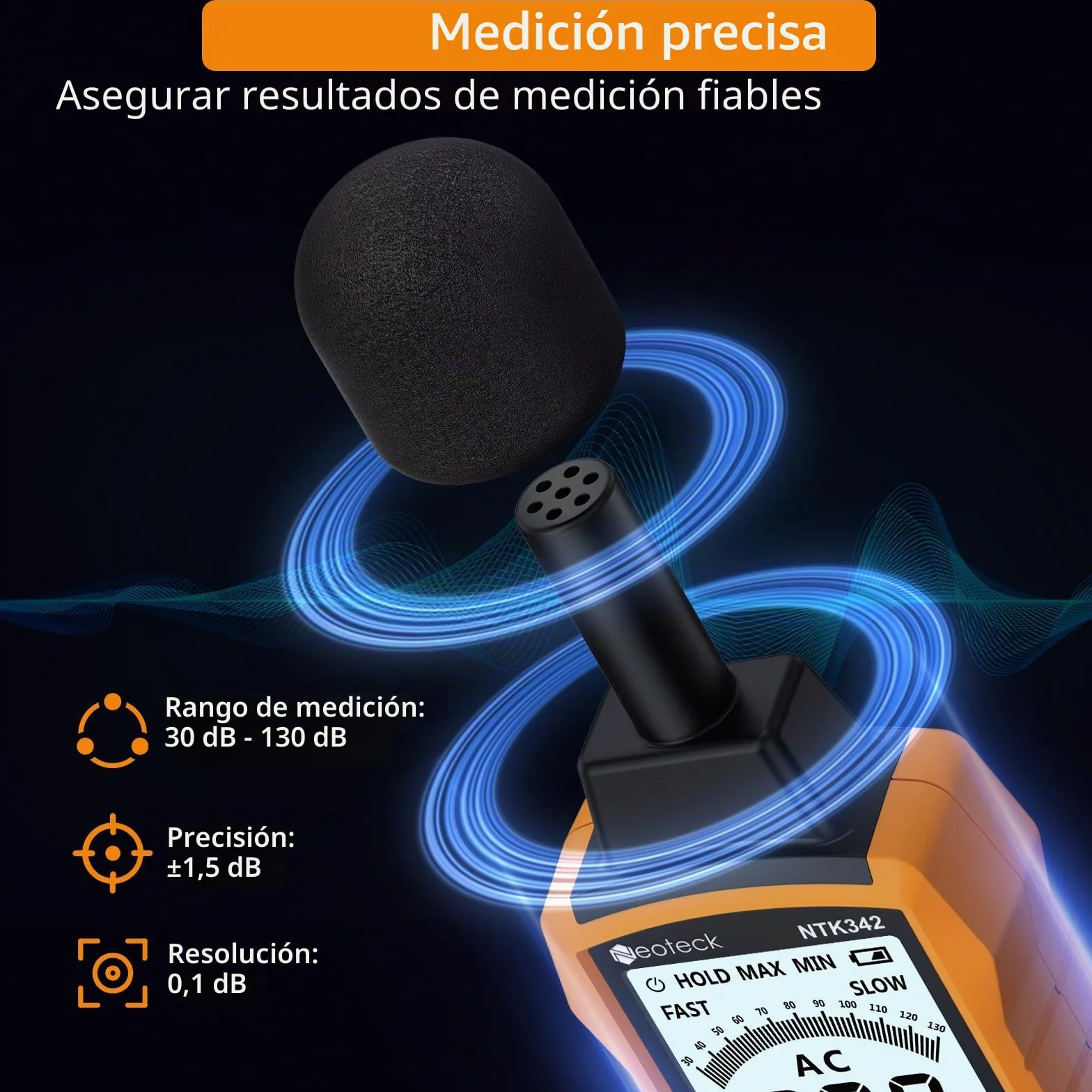 Neoteck Medidor Decibelios 30-130dB Medidor Portátil db con Ponderación A/C Sonometro con Pantalla Retroiluminada Blanca,MÁX/MÍN,Retención de Datos Sonometro para Hogar Oficina Fábrica