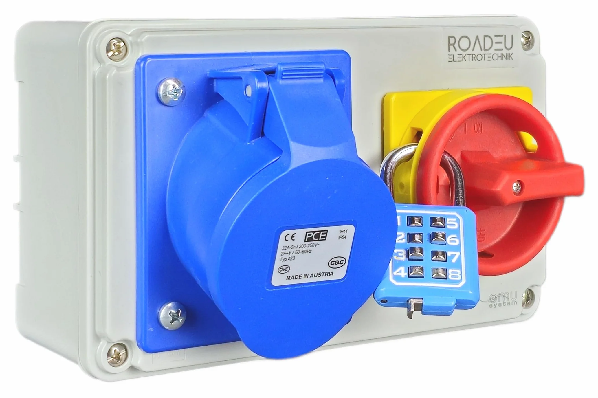 RoadEu - Enchufe de pared CEE 32A 3P 230V con interruptor principal 0-1 - Distribuidor de corriente con bloqueo - IP44 resistente a la intemperie - para taller, jardín, garaje