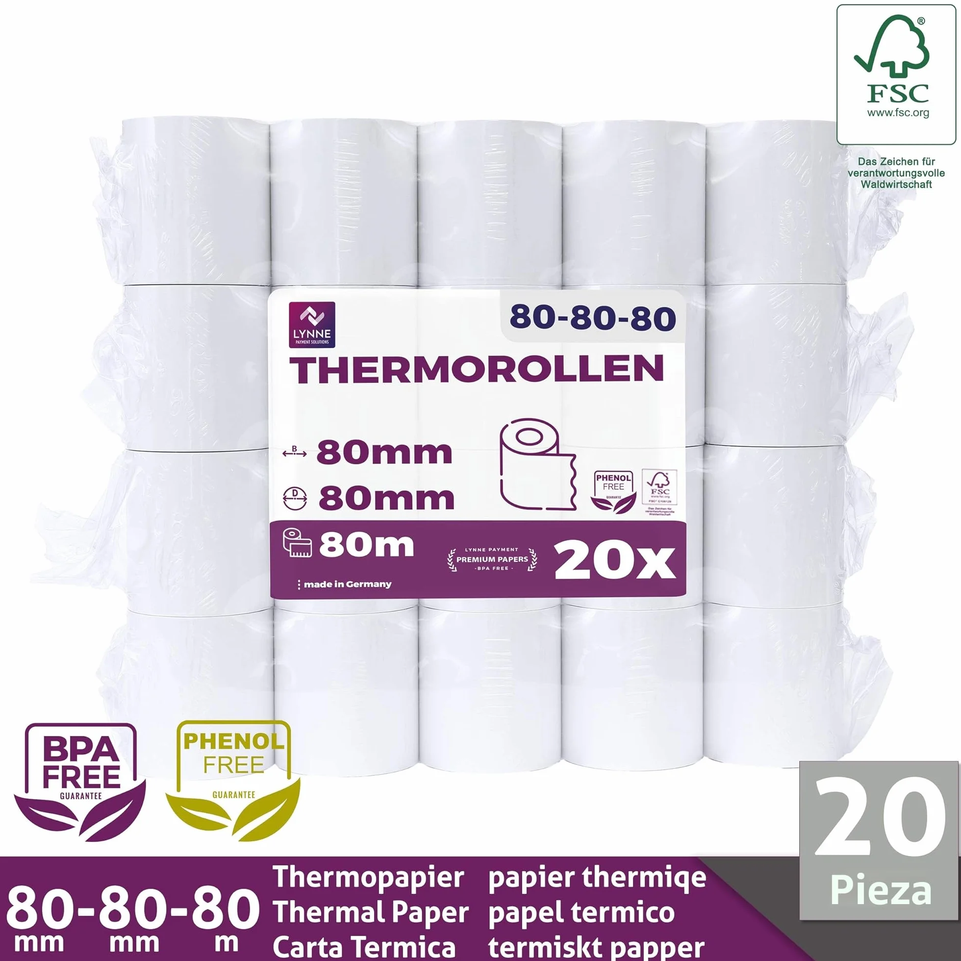 LYNNE - Rollos Papel Termico 80x80 para Impresora de Tickets - Para caja registradora con impresora de recibos - Papel impresora Termica 80x80x12 - Rollo Papel térmico 80mm x 80mm x 80m - [20x]