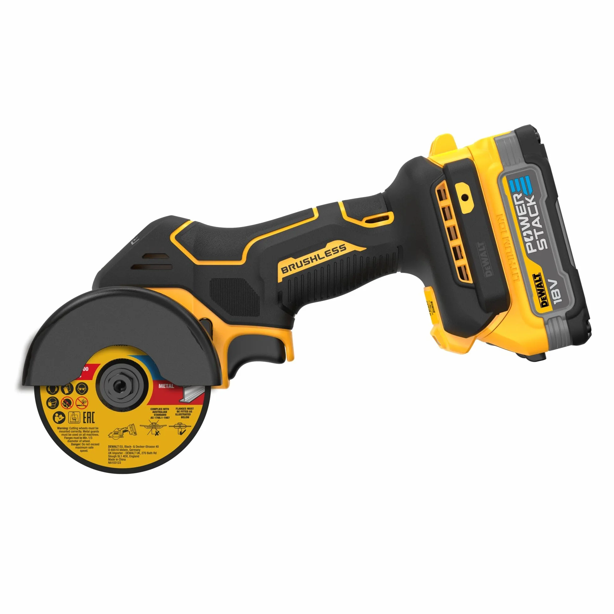 DEWALT DCS438E2T-QW - Cortadora multimaterial 18V Powerstack, Ø de disco 76mm, Motor sin escobillas, M10, Incl. cubierta protectora, 3x discos de corte, 2x baterías Powerstack de 1,7 Ah, Cargador