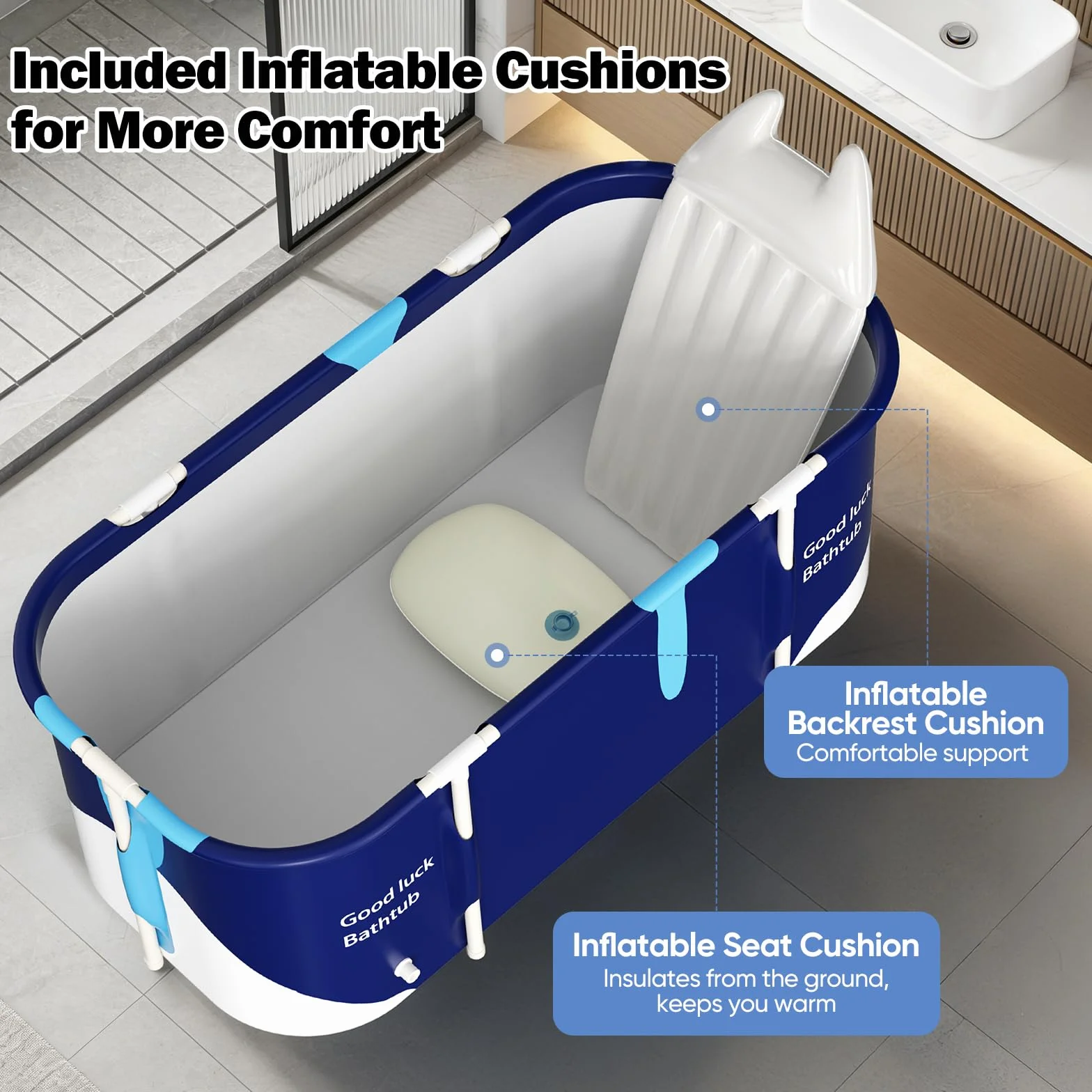 Bañera plegable para adultos, 5 capas, aislada, portátil, con asiento y respaldo acolchados, diseño de doble drenaje, ahorra espacio para baño caliente, baño frío y baño de burbujas