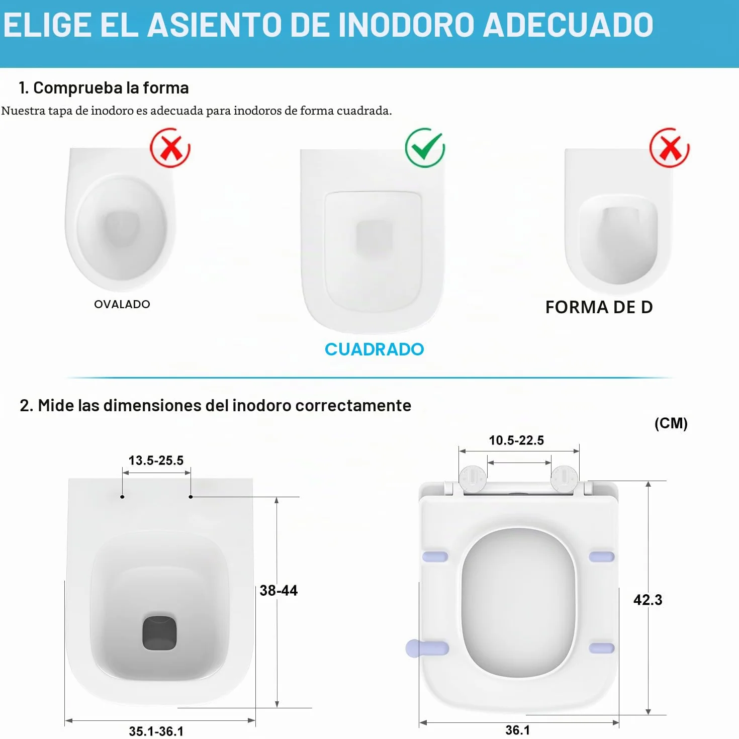 Asiento de WC Cuadrado Softclose Blanco(CORTO), Tapa de WC Duroplast Antirayaduras, Asiento Desmontable Quick Release, Fácil de Limpiar, Incluye plantilla de Instalación, 42,3 x 36,1 cm