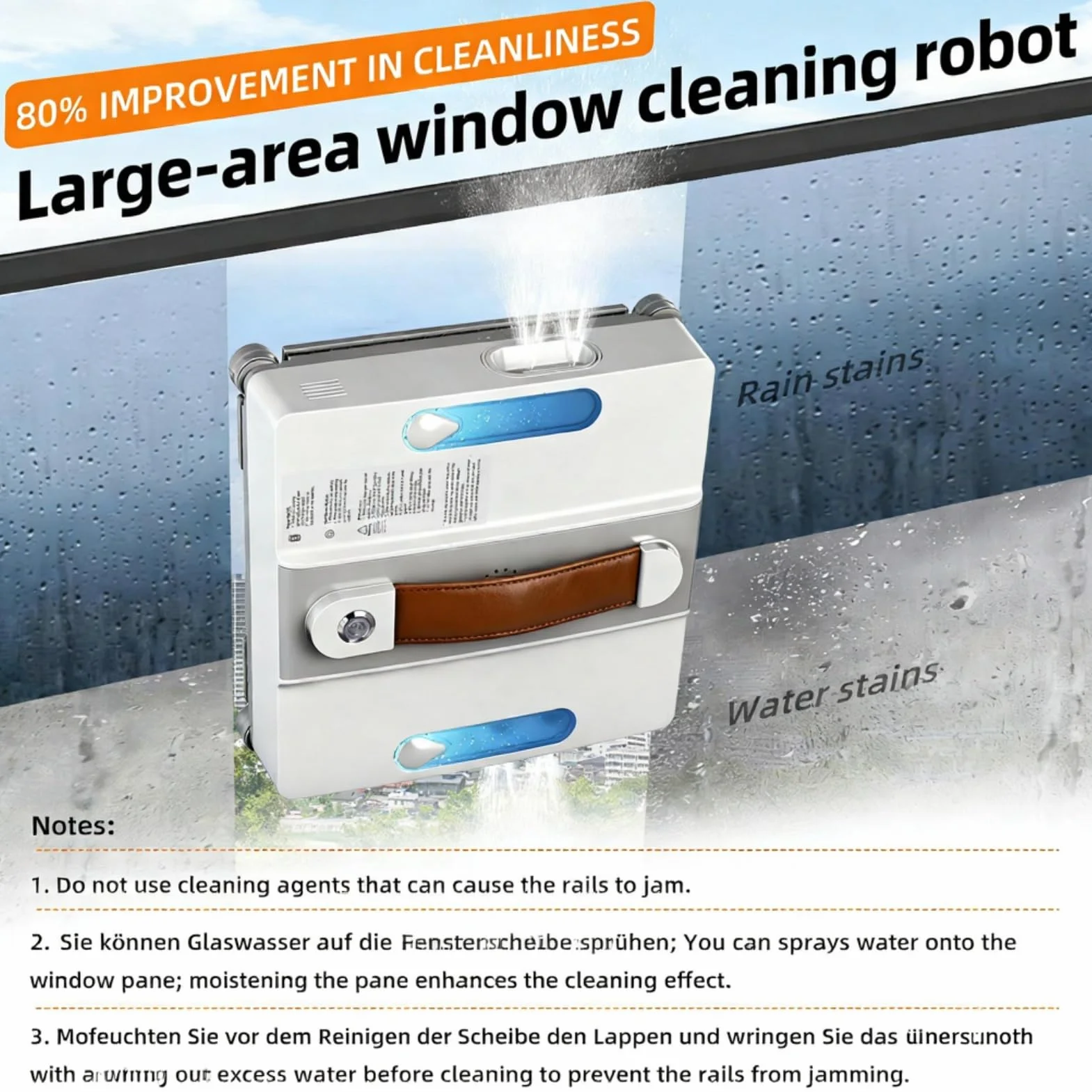 Robot Limpiacristales 4000PA, 3 Modos Limpieza, 4 boquillas y Cuerda Seguridad 5 Metros, Limpiacristales Electrico para Ventanas de Interior y Exterior