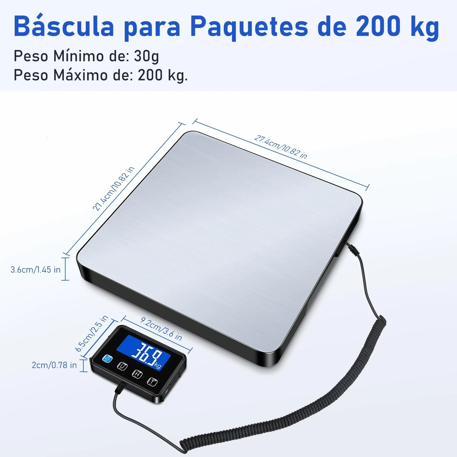 Báscula para Paquetes 440lb, Bascula Digital Alta Precisión 10g con Retención/Tara/LCD, Balanza Postal USB