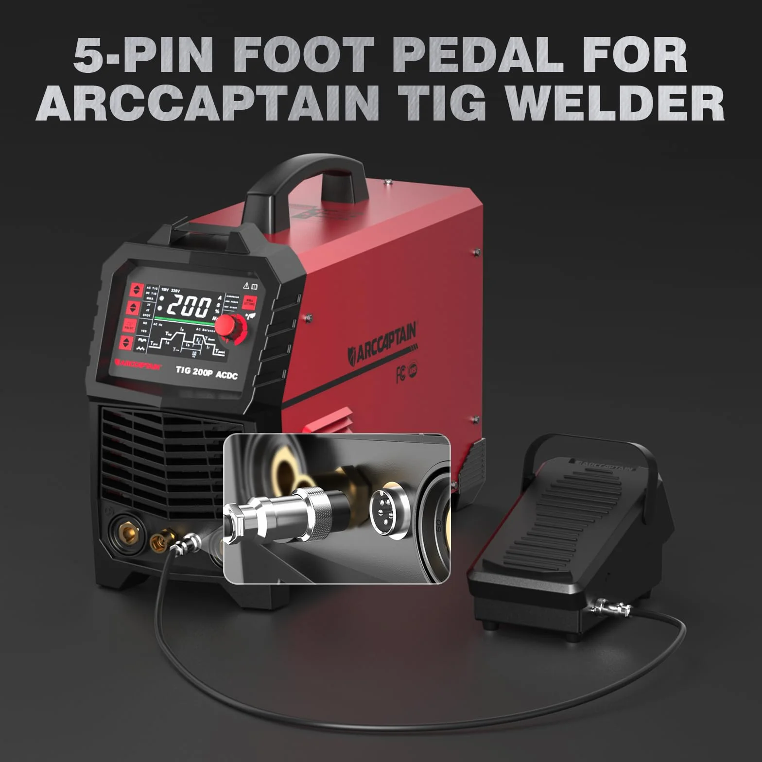 ARCCAPTAIN TIG - Pedal de soldadura de 5 pines para ARCCAPTAIN TIG200 TIG200P TIG200PACDC TIG205PRO TIG205PRO Área de contacto más amplia y pedal de pie con diseño de correa