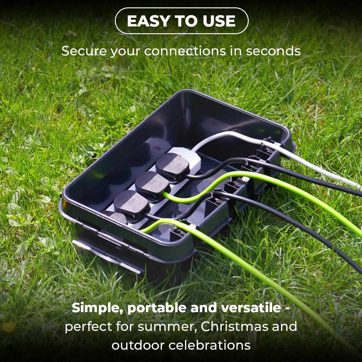 DRiBOX IP55 Caja de Conexiones Eléctricas Exterior Resistente a la Intemperie para Luces de Navidad, Temporizadores, Cables de Extensión, Cables, Carretes, Transformadores (Grande, Negro)