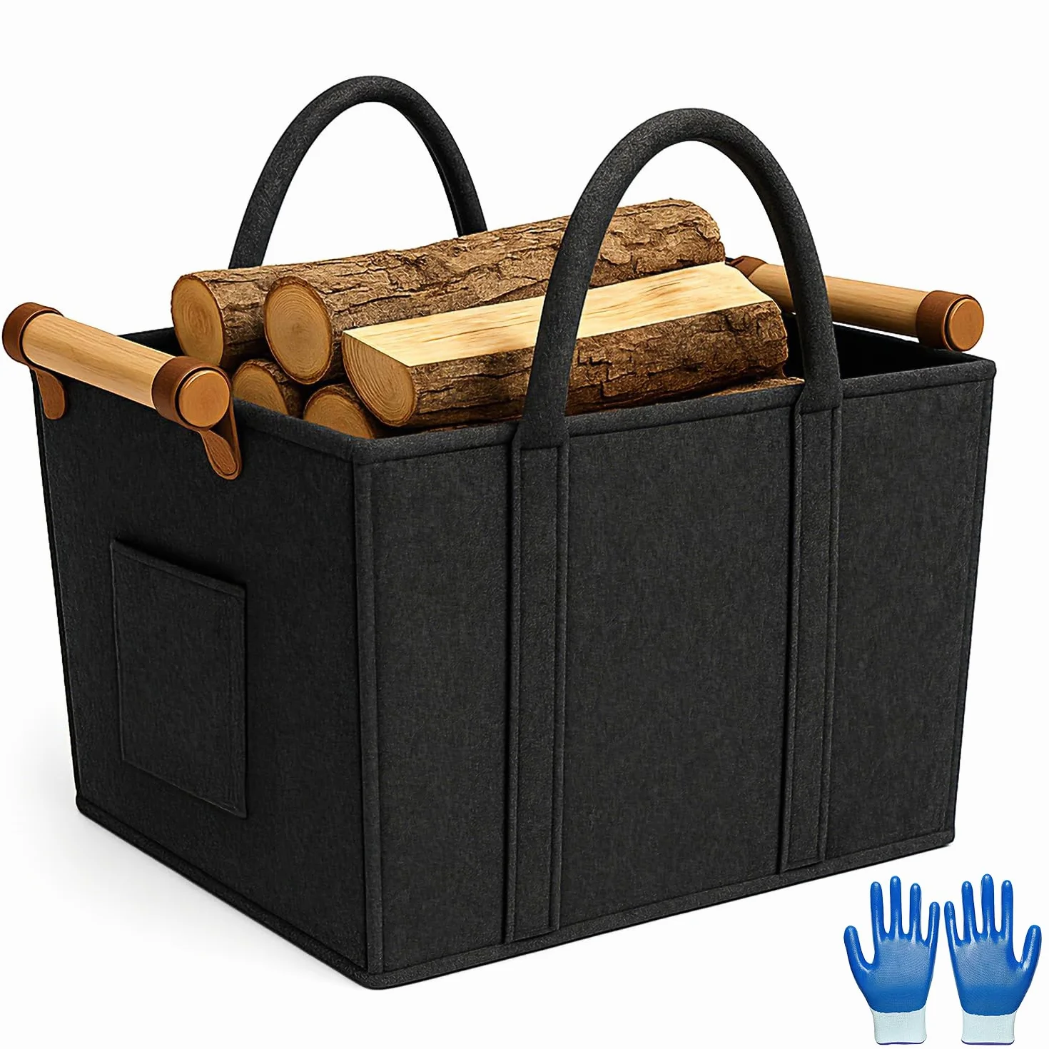 Cesta Leña Chimenea de Fieltro, Cesta para Leña con Guantes, Cestas Almacenaje con Asas de Transporte, para Leña, Revistas, Periódicos, Ropa (42 cm x40 cm x 30 cm)