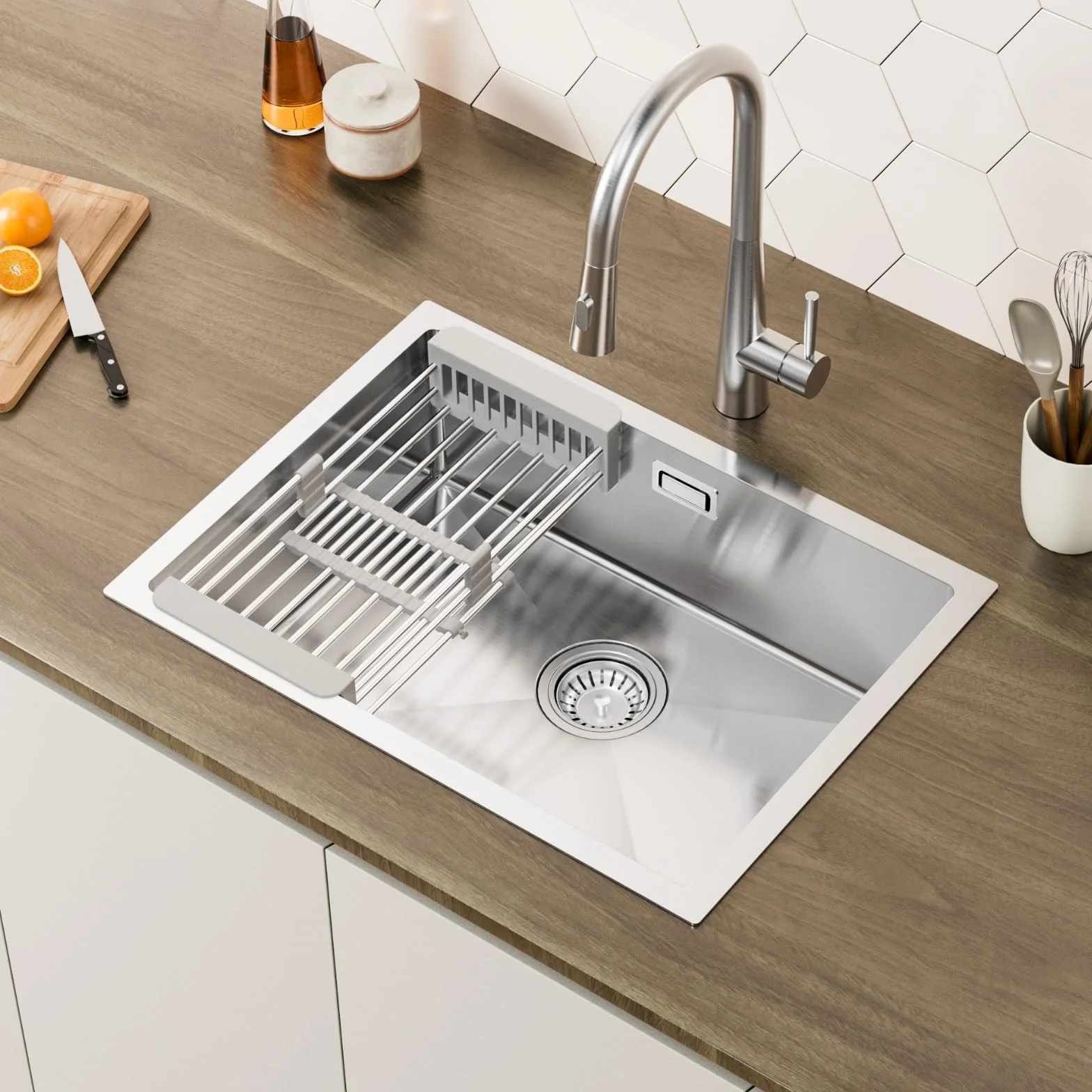 CECIPA Fregadero Cocina 1 Seno 60 x 44cm, Fregadero Bajo Encimera o Sobre Encimera, Fregadero de Acero Inoxidable 304 con Cesta de Filtro Extensible, Sifón y Kit de Drenaje