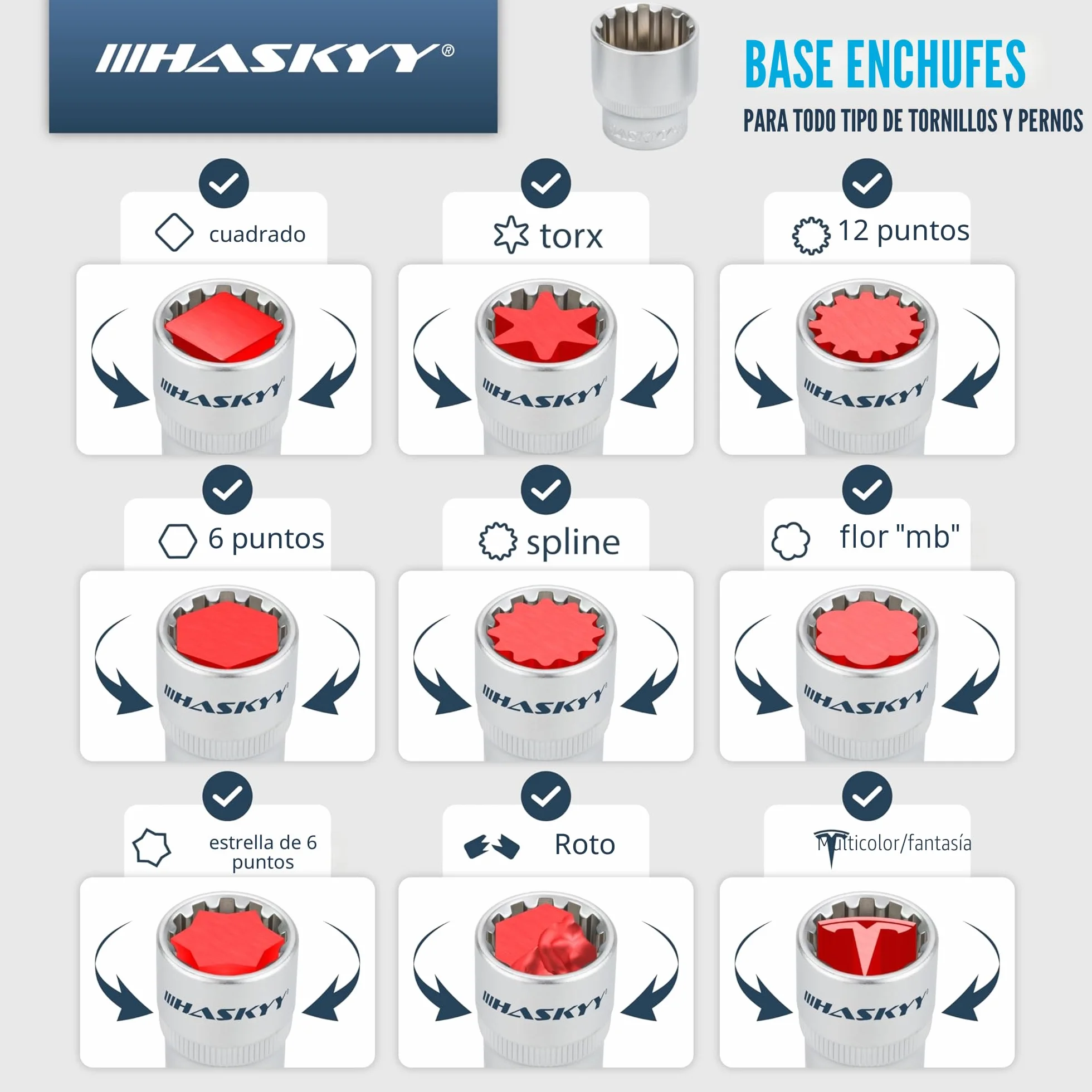 HASKYY Juego de llaves de vaso vasos insertables Gear Lock 1/2" 8-32 I estriados Torx, pulgadas I herramienta para vasos exteriores e interiores I 19 piezas