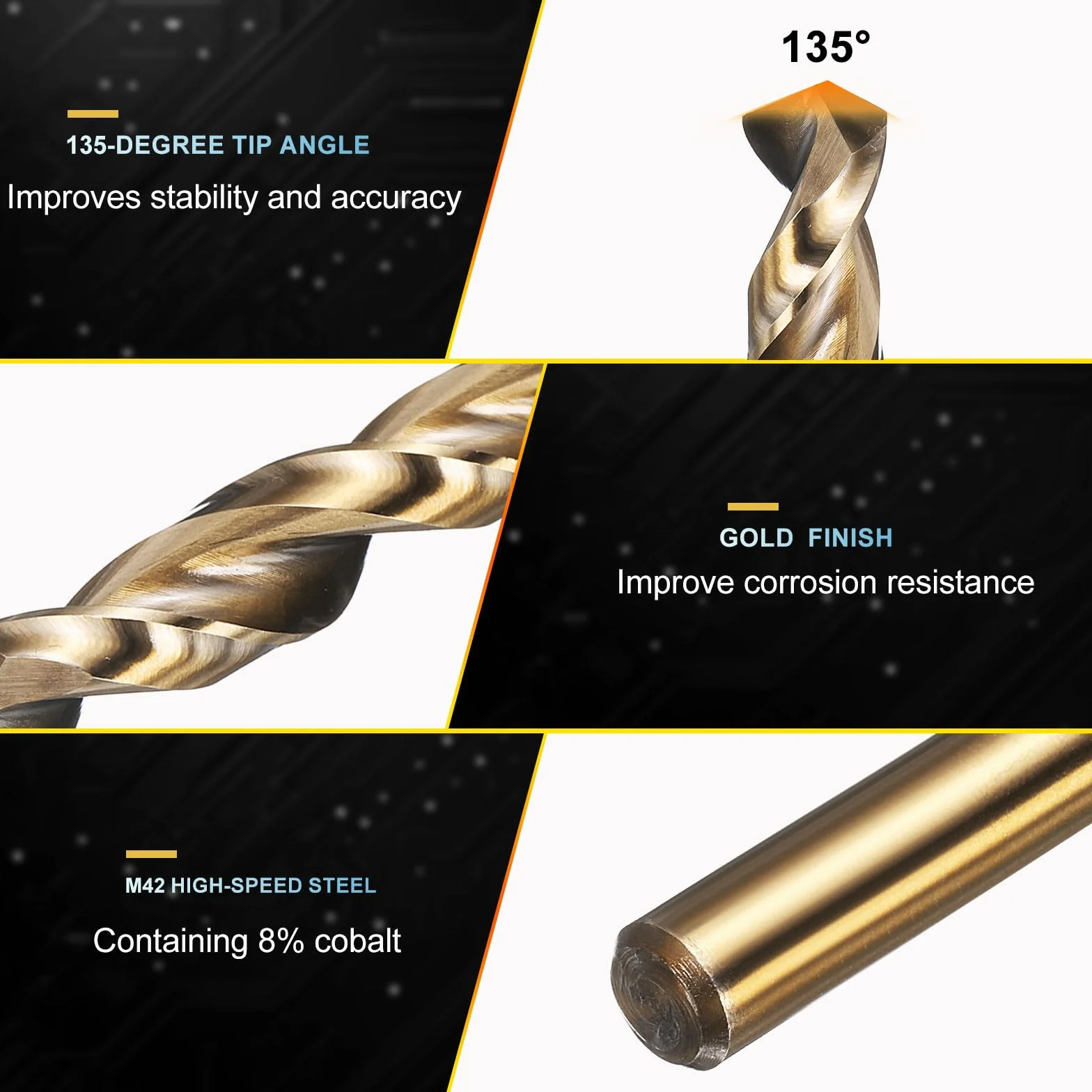 PATIKIL Brocas de 10mm, Acero de Alta Velocidad M42 con 8% Cobalto, Vástago Recto Jobber 135°, Acabado Dorado para Aleación de Titanio de Alta Temperatura y Metal Duro - Paquete de 2