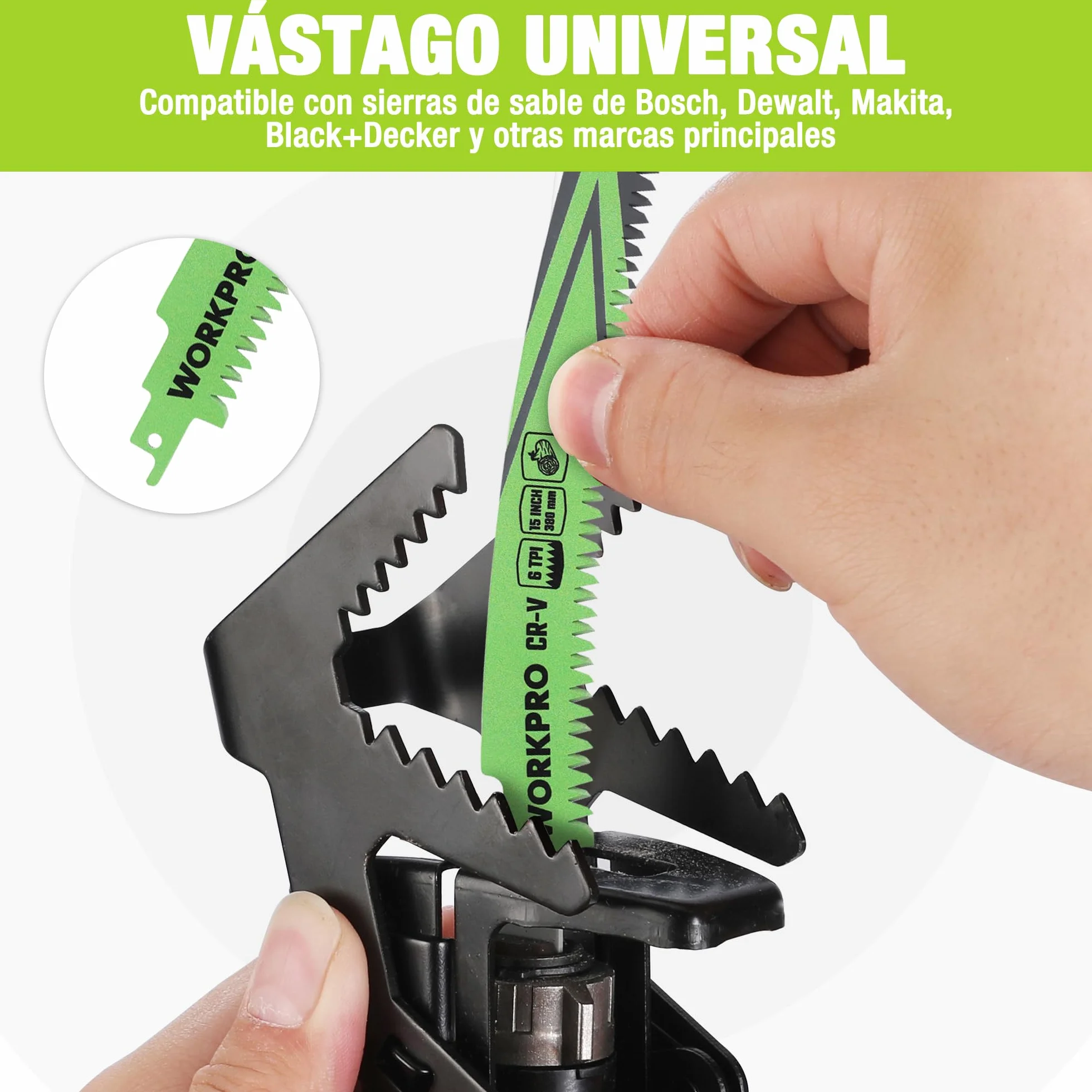WORKPRO 5 Piezas Hojas de Sierra de Sable Cr-V 38cm 6TPI para Poda de Madera