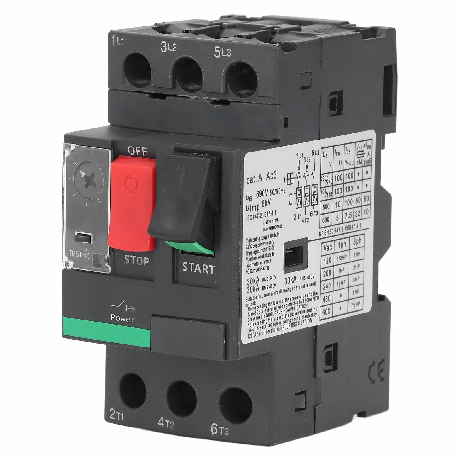 Disyuntor de Motor de 2,5 A 4 A, Interruptor Protector de Circuito con Control de Botón, Montaje en Riel de 35 Mm, para Cargas Resistivas, Capacitivas e Inductivas
