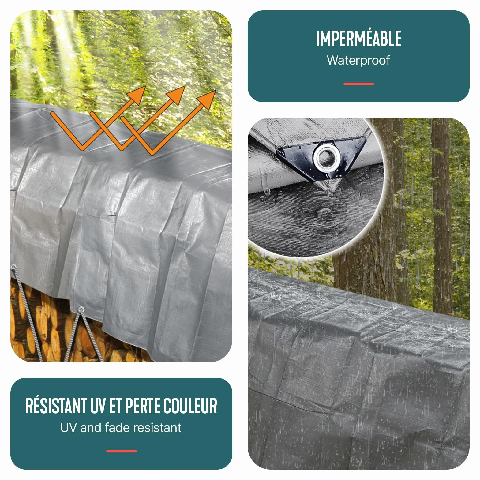 VOUNOT® Lona Impermeable Exterior 3x5m, Toldo Reforzado PE 240 g/m² Protección contra UV, con Ojales de Acero Inoxidable para Leña, Muebles, Jardín, Piscinia, Vehículos, Gris-Negro
