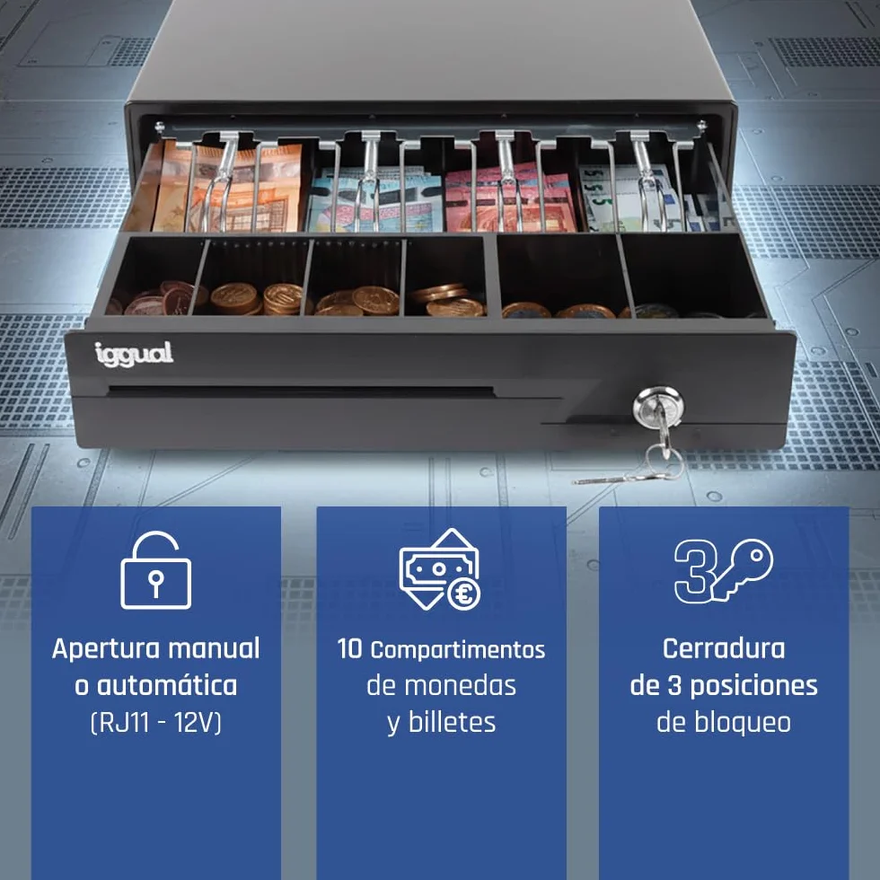 Cajón Portamonedas IRON-10 Caja Efectivo Registradora Manual Automática 4 Billetes 6 Monedas Cerradura 3 Posiciones Acero Plástico Negro 38x33.5x8