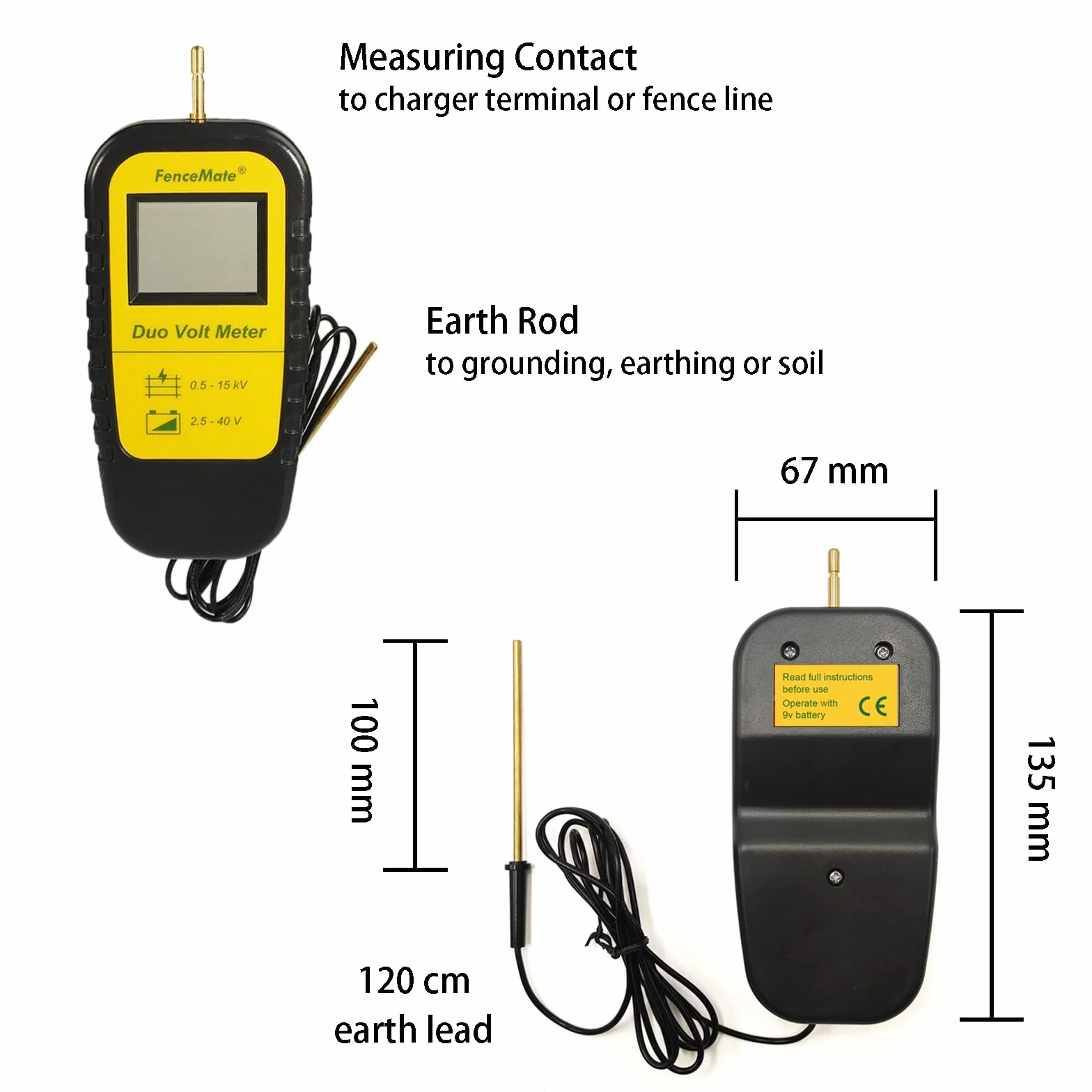 FenceMate Comprobador digital de vallas y batería/batería para comprobar la tensión de la valla eléctrica de 0,5 – 15 kV y voltaje de la batería 2,5-40 V, dispositivo de prueba de valla eléctrica para