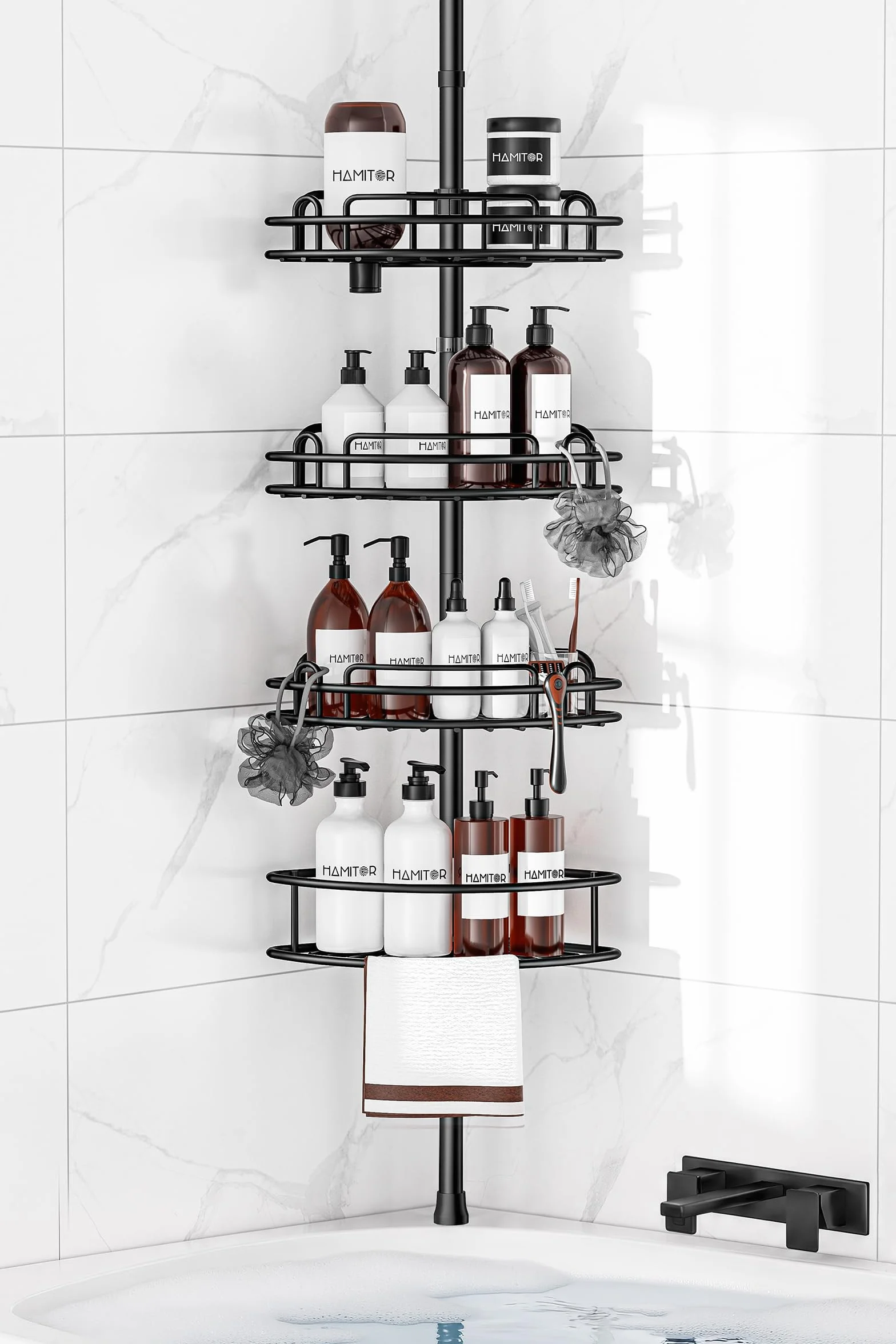 HAMITOR Estantería Baño Ducha Telescópica de 4 Pisos, Ángulo de Metal para Cuarto de Baño, sin Taladrar, Almacenamiento para Champús, Jabones y Geles de Ducha, Longitud Regulable 121-314 cm, Negro