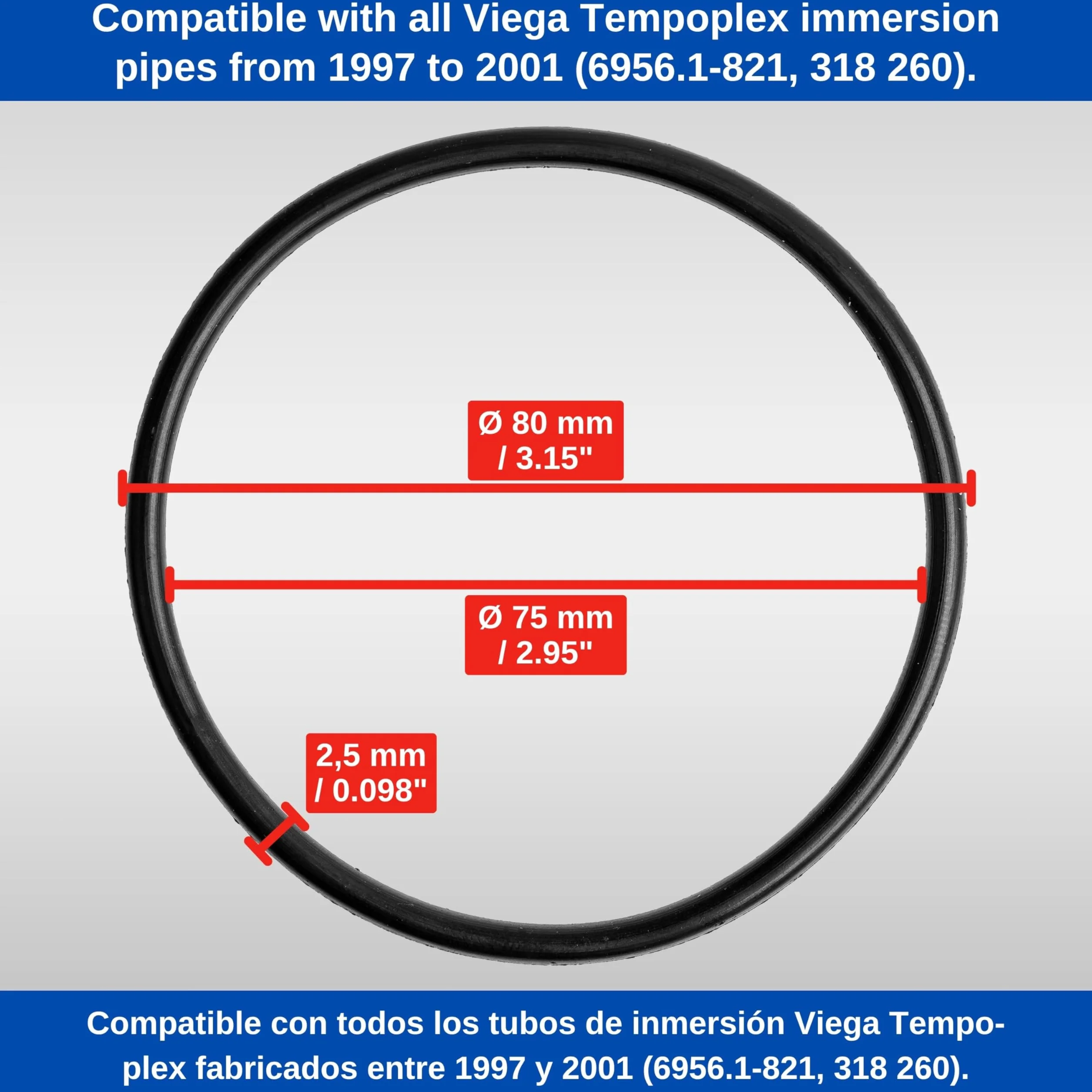Junta de tubo de inmersión repuesto 2 pzs compatible Viega Tempoplex 6956.1-821 DE 80 mm DI 75 mm grosor 2.5 mm