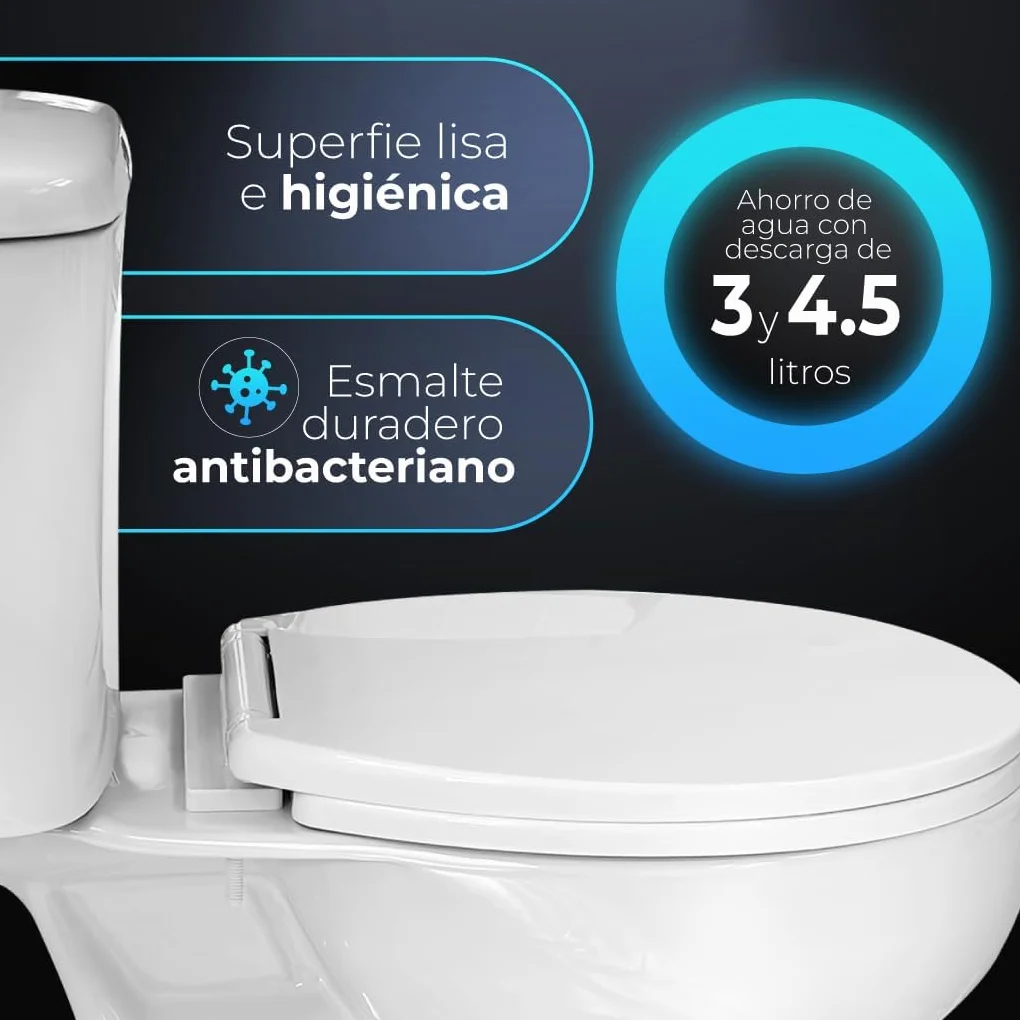 Inodoro Blanco, Wc Inodoro COMPLETO, Retrete para Hogar, Sistema ANTIBACTERIA, Tapa Dura Extrafina AMORTIGUADA, Salida Horizontal
