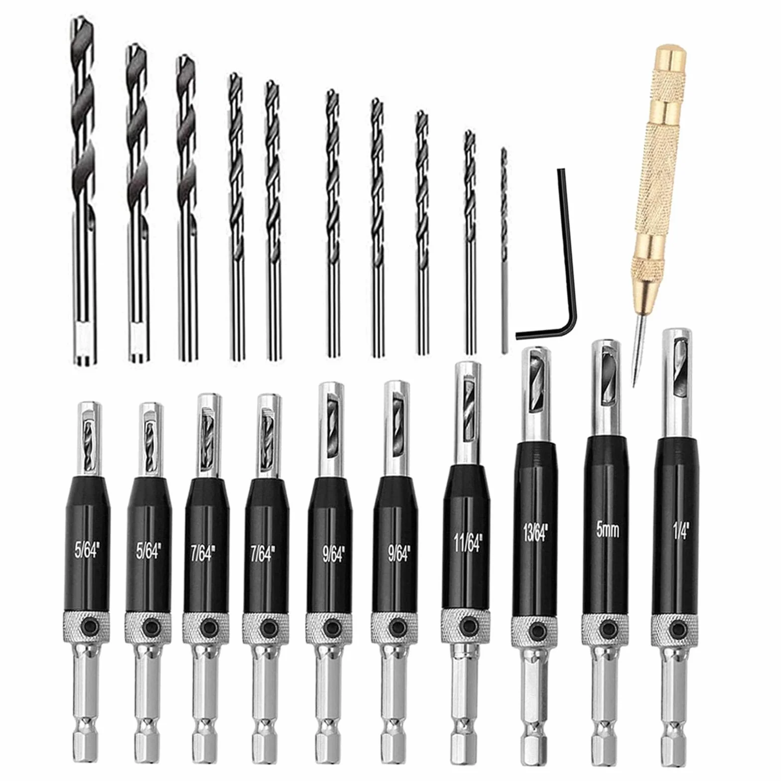 Juego de 22 brocas autocentrantes, vástago hexagonal de 1/4 pulgadas, broca VIX de 5/64-1/4 pulgadas de cambio rápido, brocas hexagonales para carpintería, metal, madera, armario, ventana