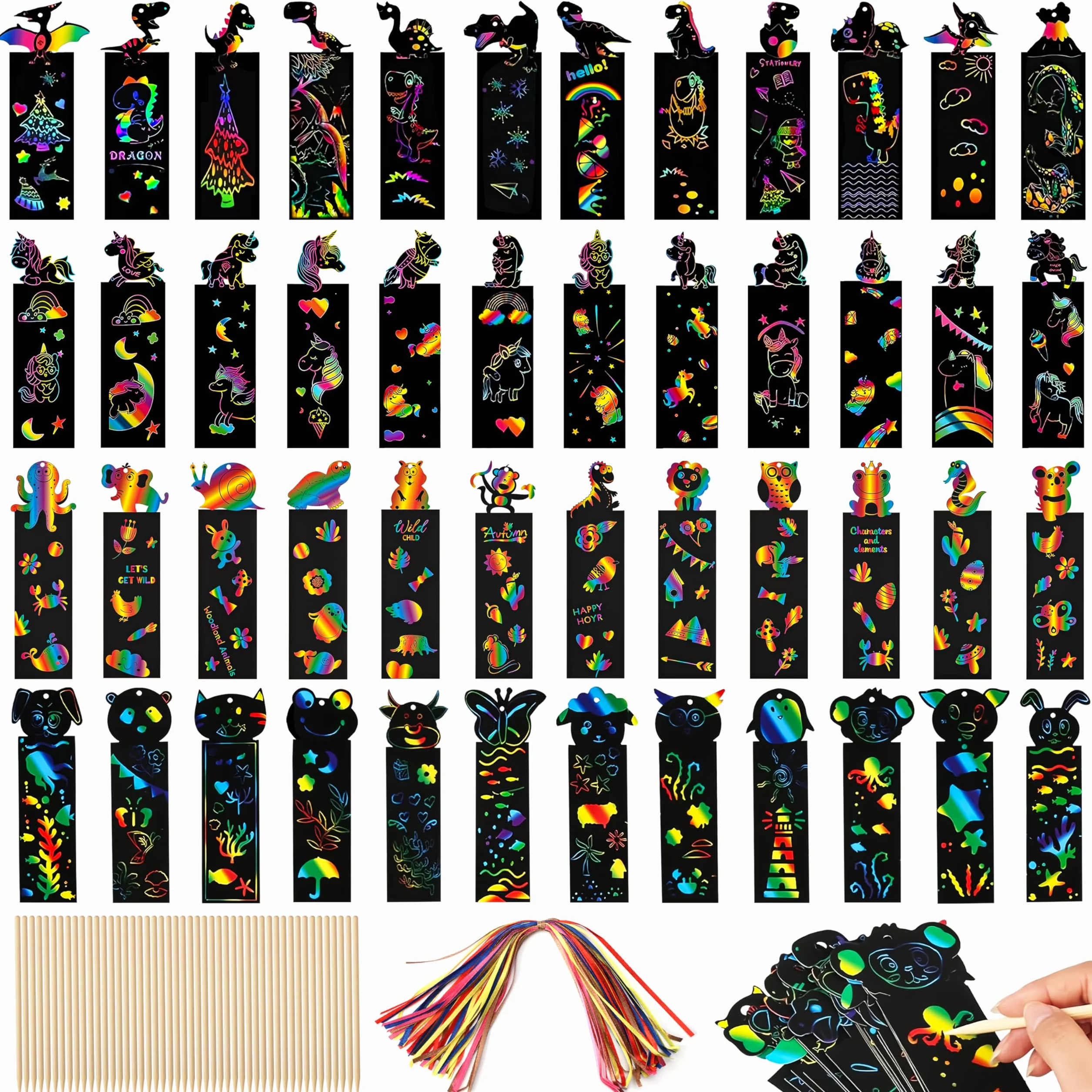 Marcadores de Libros Rainbow 48 Piezas para Rascar con Diseño Animales y Cintas de Raso